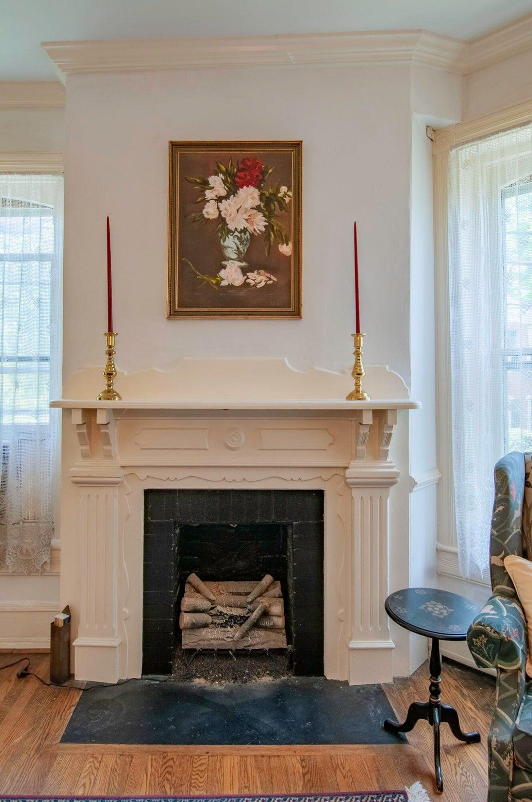 Fireplace in the dining room.