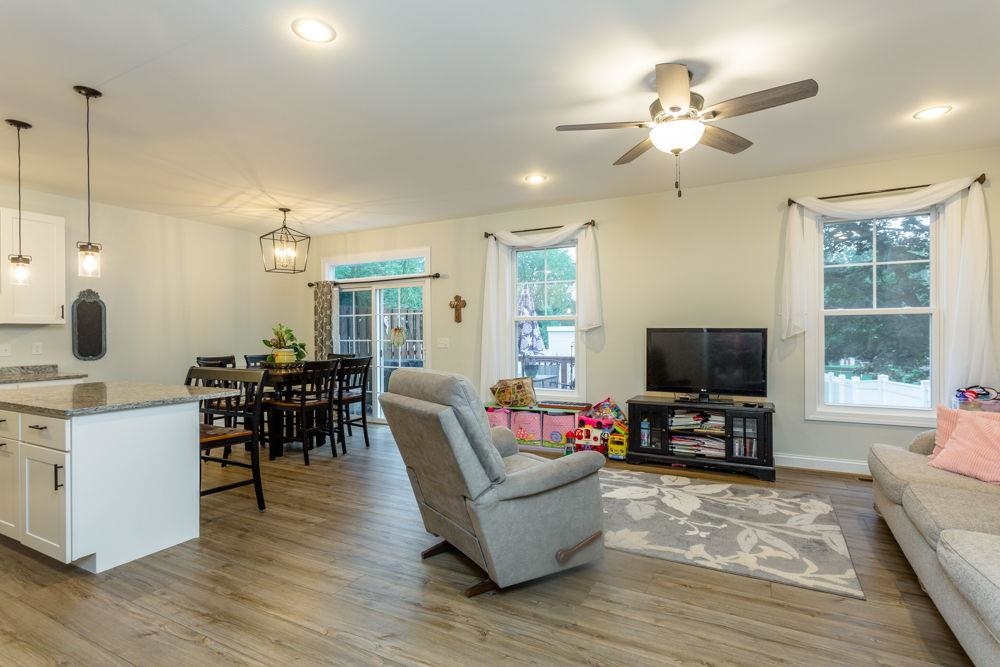 floor plan with kitchen, dining and living room!