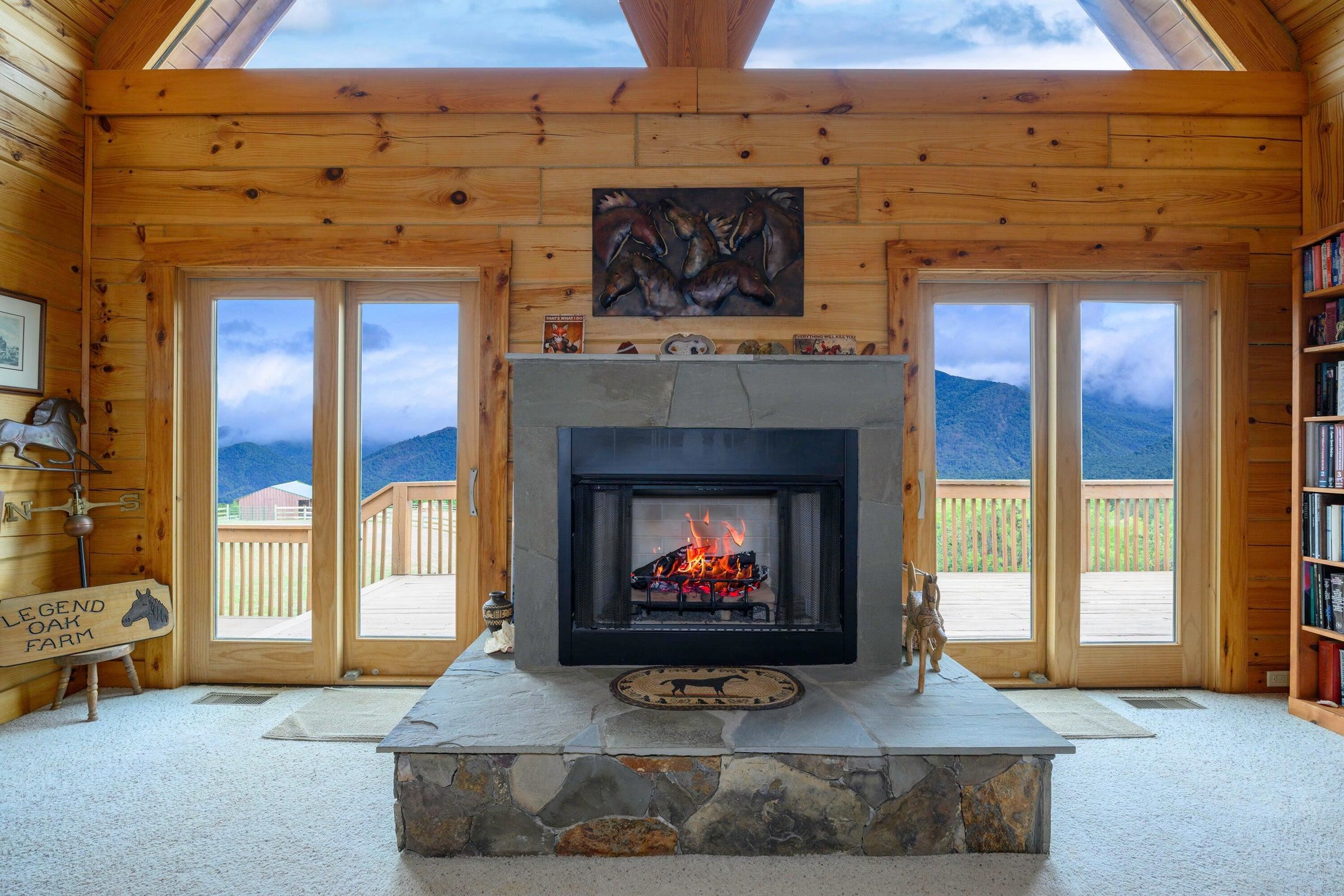 Close up of Gas log fireplace. Views of the Blue Ridge surround you.