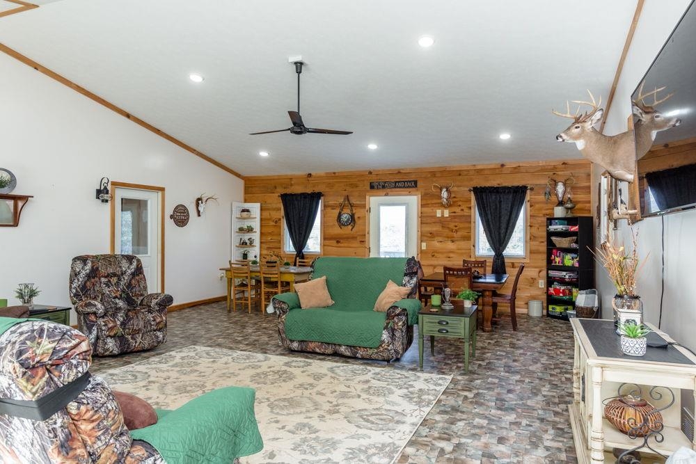 740 square feet with cathedral ceiling looking west.