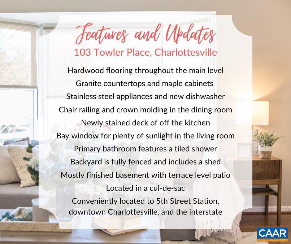 103 TOWLER PL, CHARLOTTESVILLE, Virginia 22902, 3 Bedrooms Bedrooms, ,3 BathroomsBathrooms,Residential,For sale,103 TOWLER PL,660139 MLS # 660139