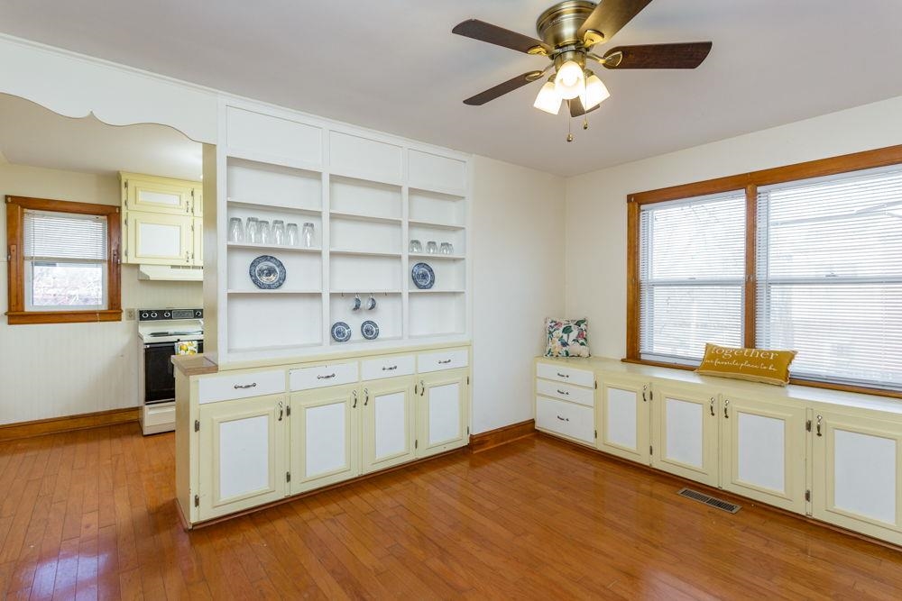 with built-in hutch style cabinets.