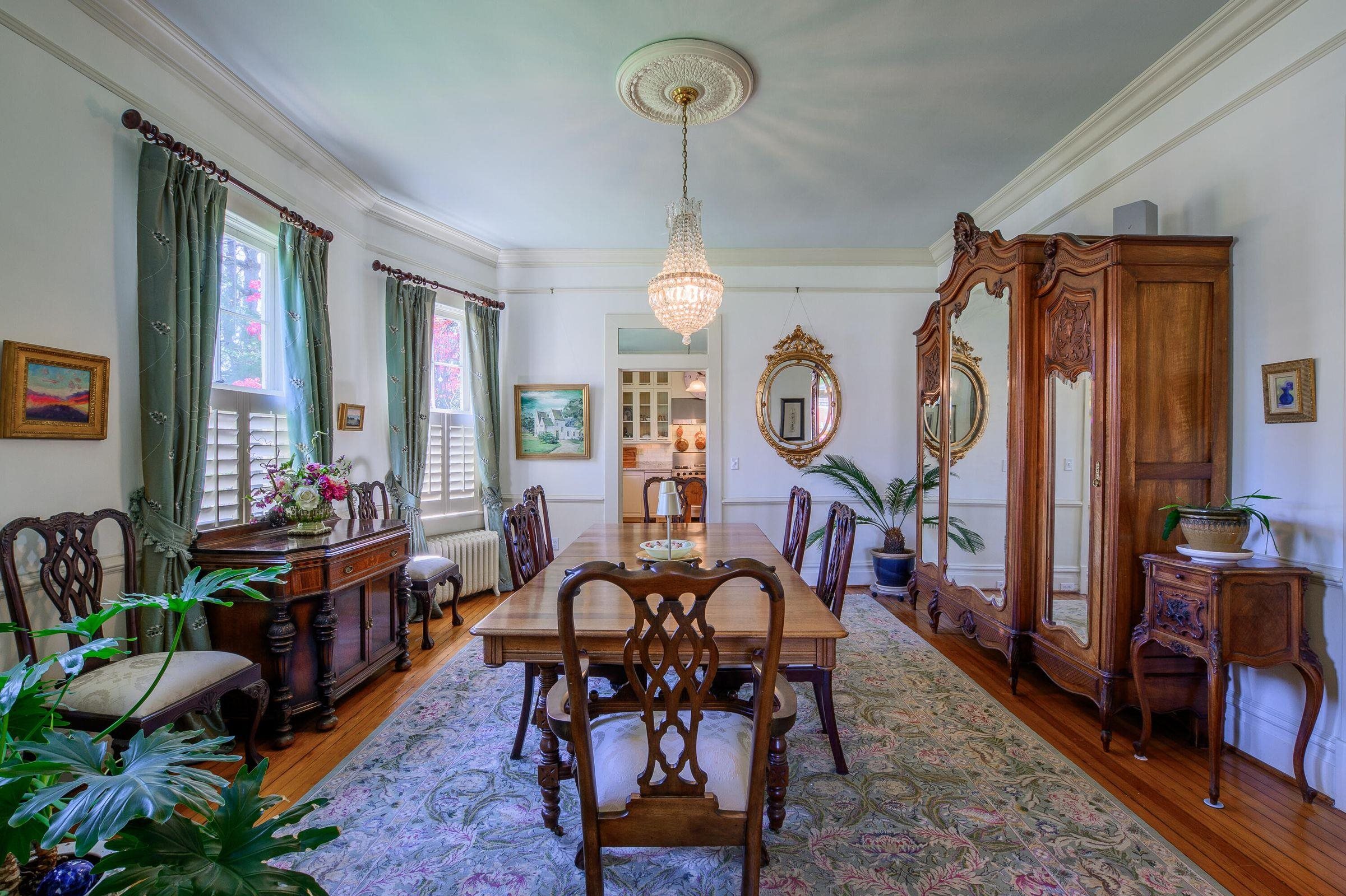 Beautifully decorated, formal dining room.