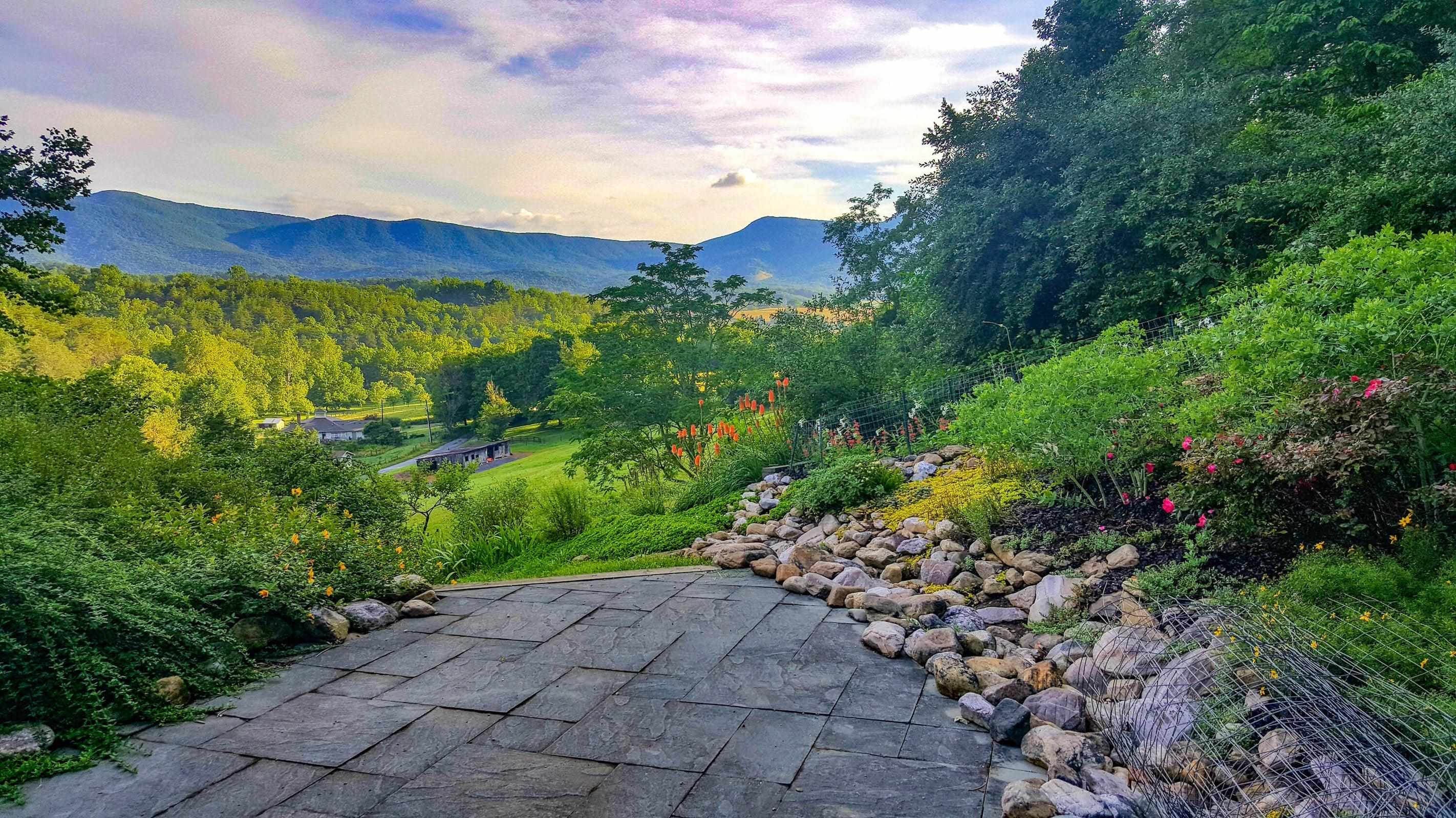 From the ground level patio, looking across pastoral views to the Allegheny Mountains.