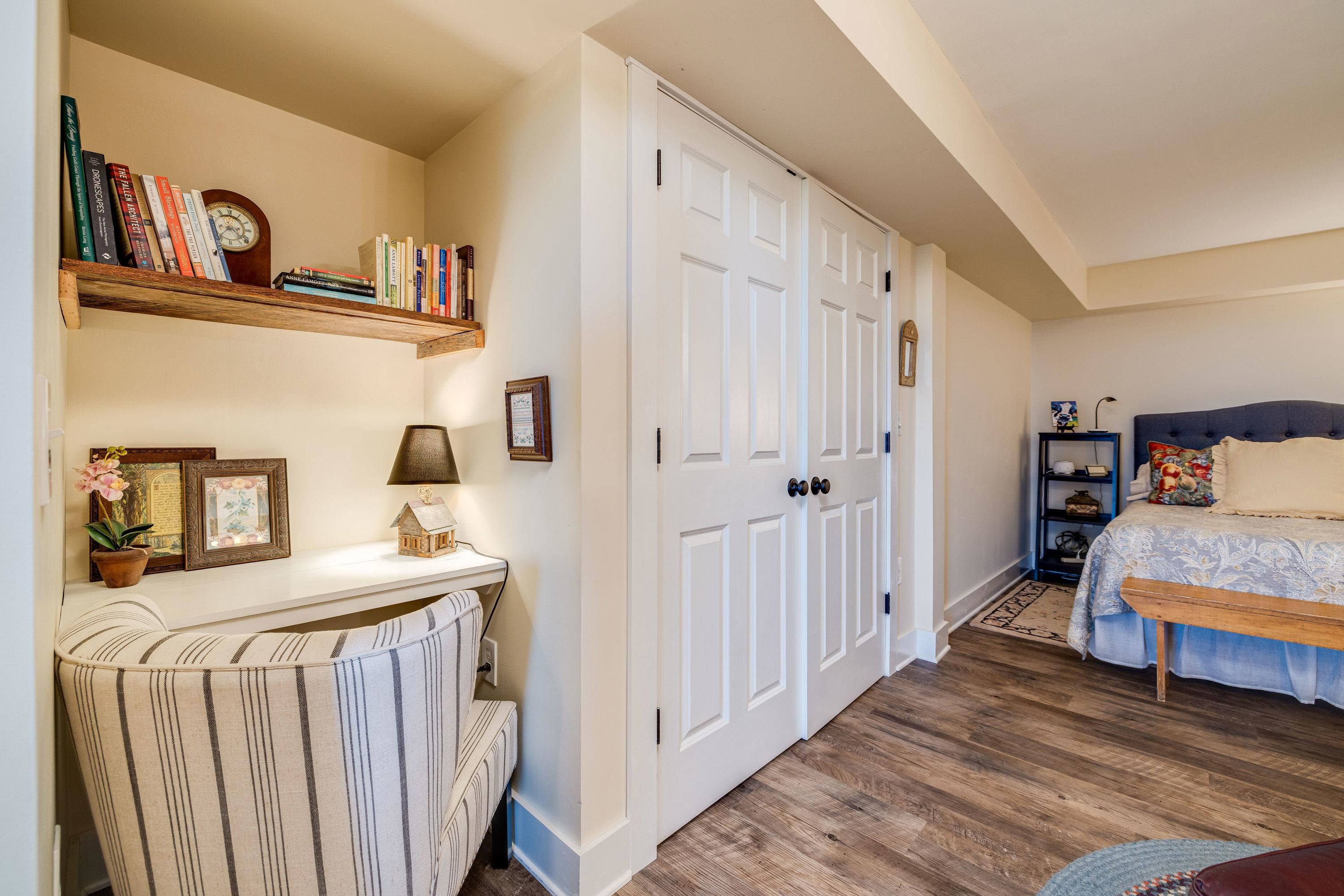 This very large bedroom offers luxury vinyl plank throughout, a spacious closet with storage shelving.  Off this spacious bedroom is a large attached full bathroom.