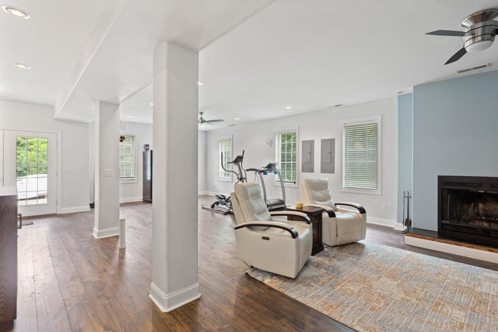 Lower level. Wood burning fireplace