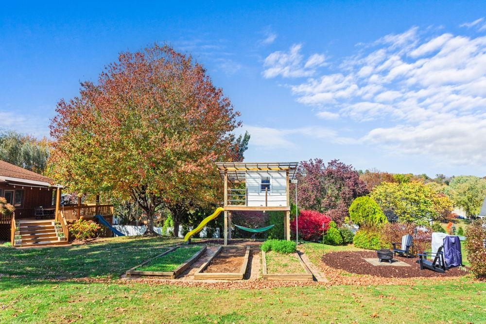 play area, raised beds and firepit area. play area, raised beds and firepit area.