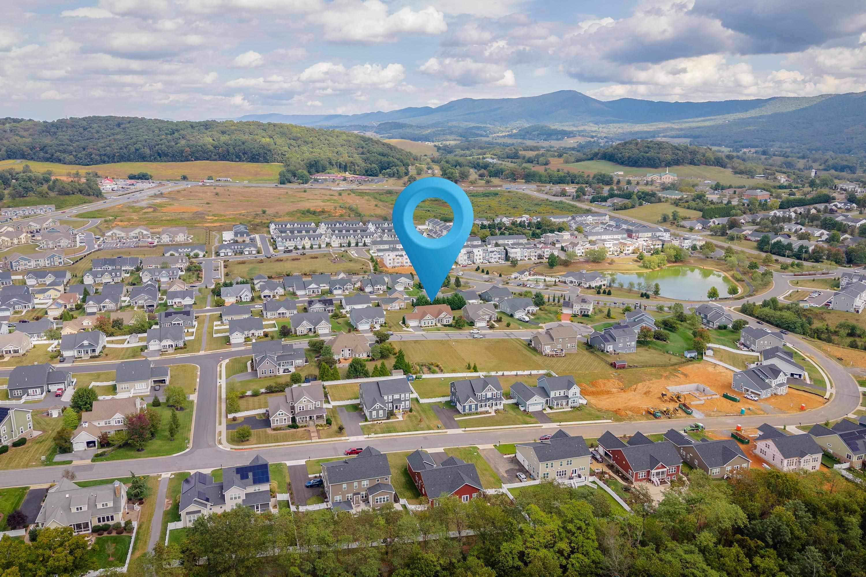 This photo highlights the aerial location of the home within the Preston Lake neighborhood and the surrounding areas.