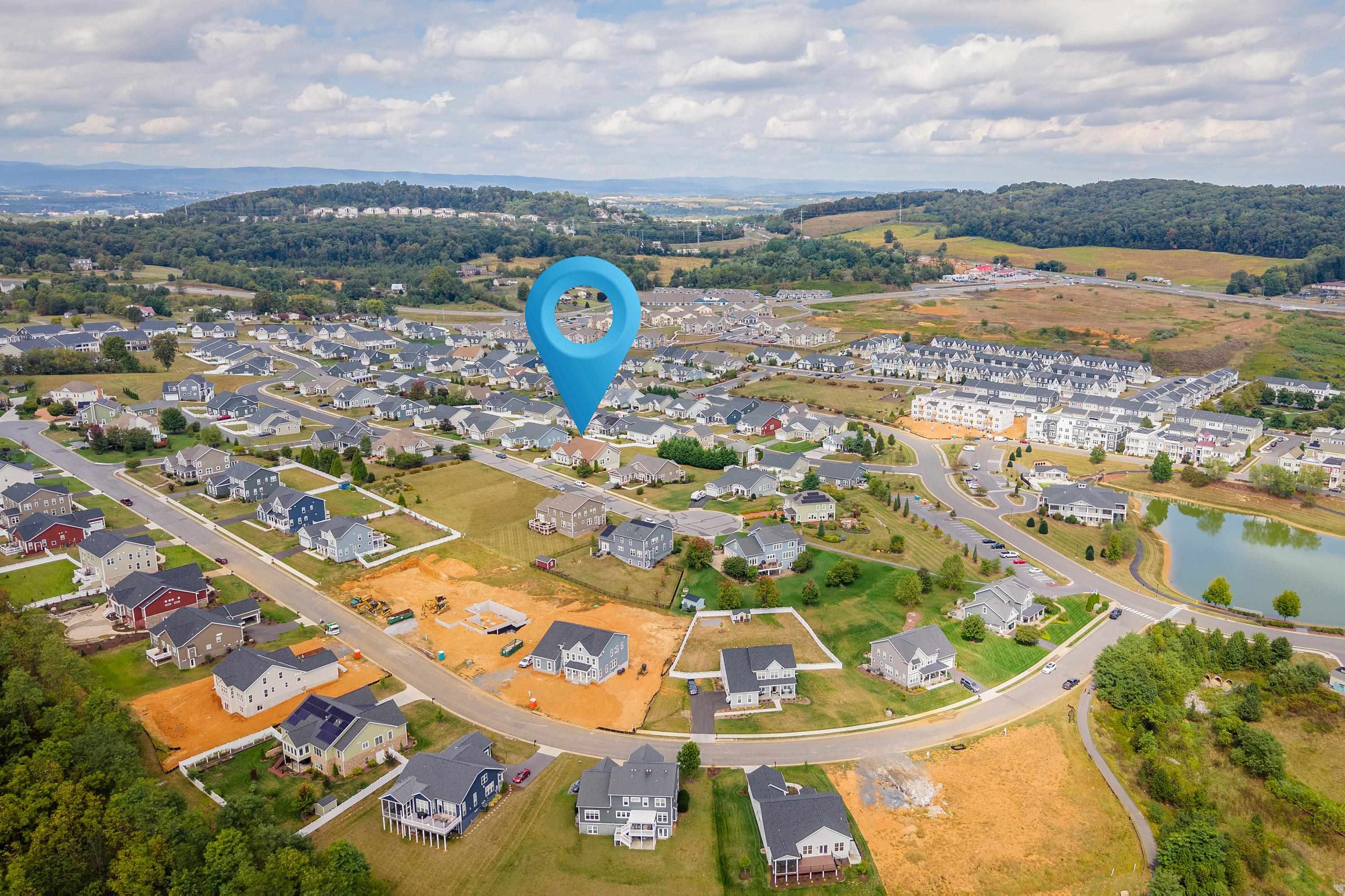 This photo highlights the aerial location of the home within the Preston Lake neighborhood and the surrounding areas.