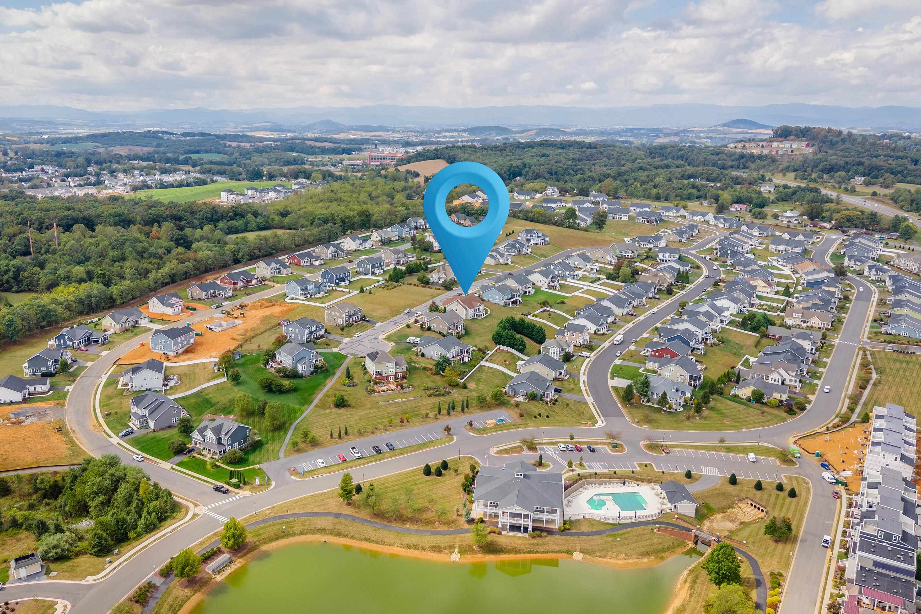 This photo highlights the aerial location of the home within the Preston Lake neighborhood and the surrounding areas.