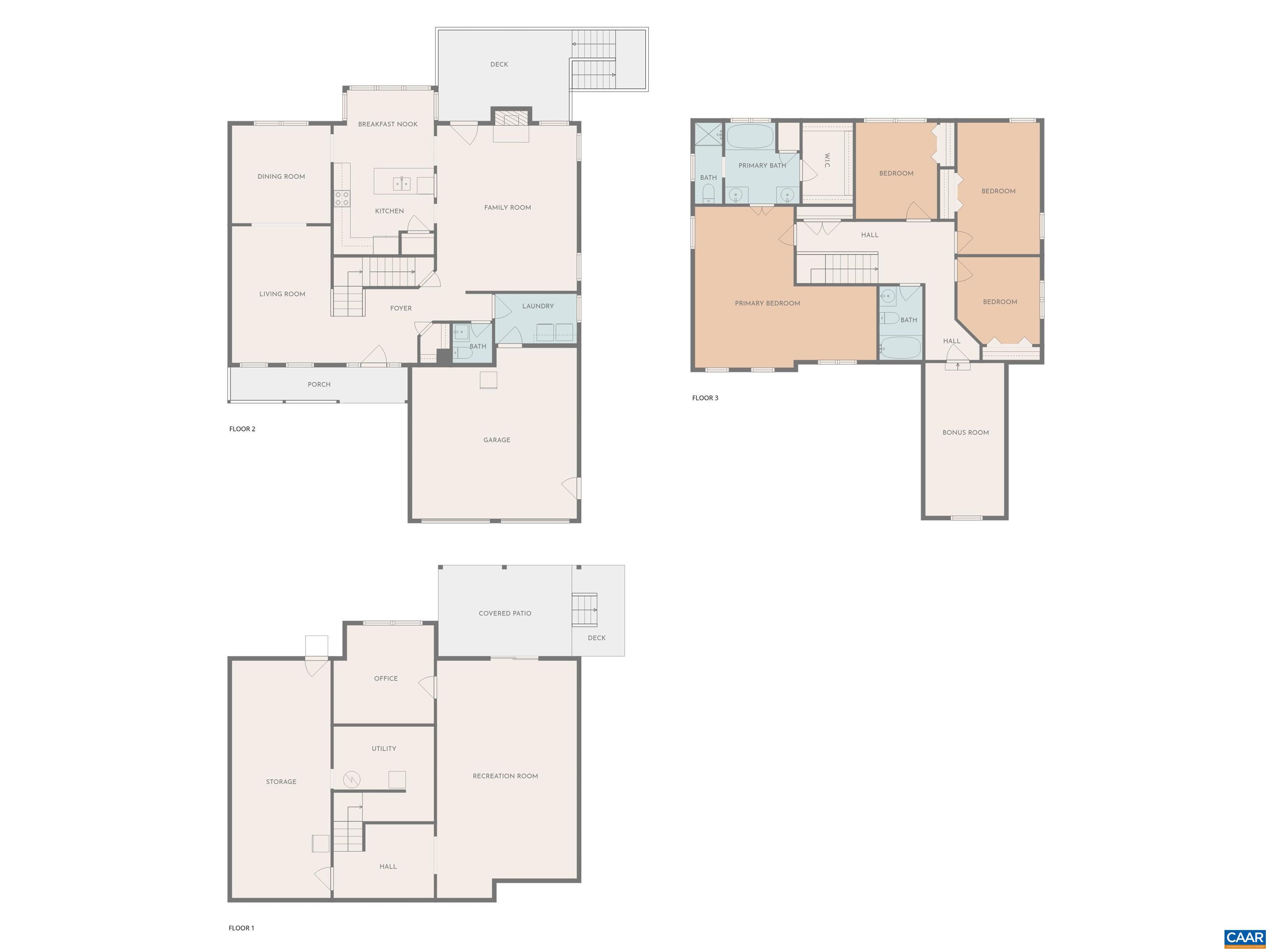 Explore this expansive floor plan featuring 3 levels! Floor 2 offers open living, dining, and family rooms. Floor 3 includes the Primary Bedroom suite plus 2 more bedrooms and a bonus bedroom. Floor 1 (bsmt) provides a large recreation room and an office. Explore this expansive floor plan featuring 3 levels! Floor 2 offers open living, dining, and family rooms. Floor 3 includes the Primary Bedroom suite plus 2 more bedrooms and a bonus bedroom. Floor 1 (bsmt) provides a large recreation room and an office.