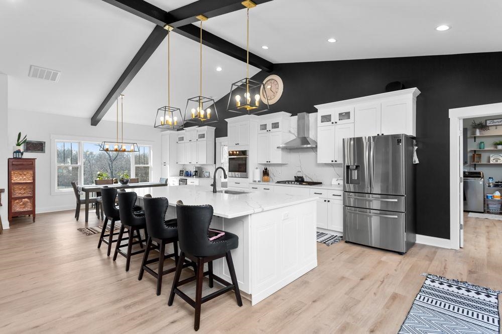 with dining area and coffee bar.