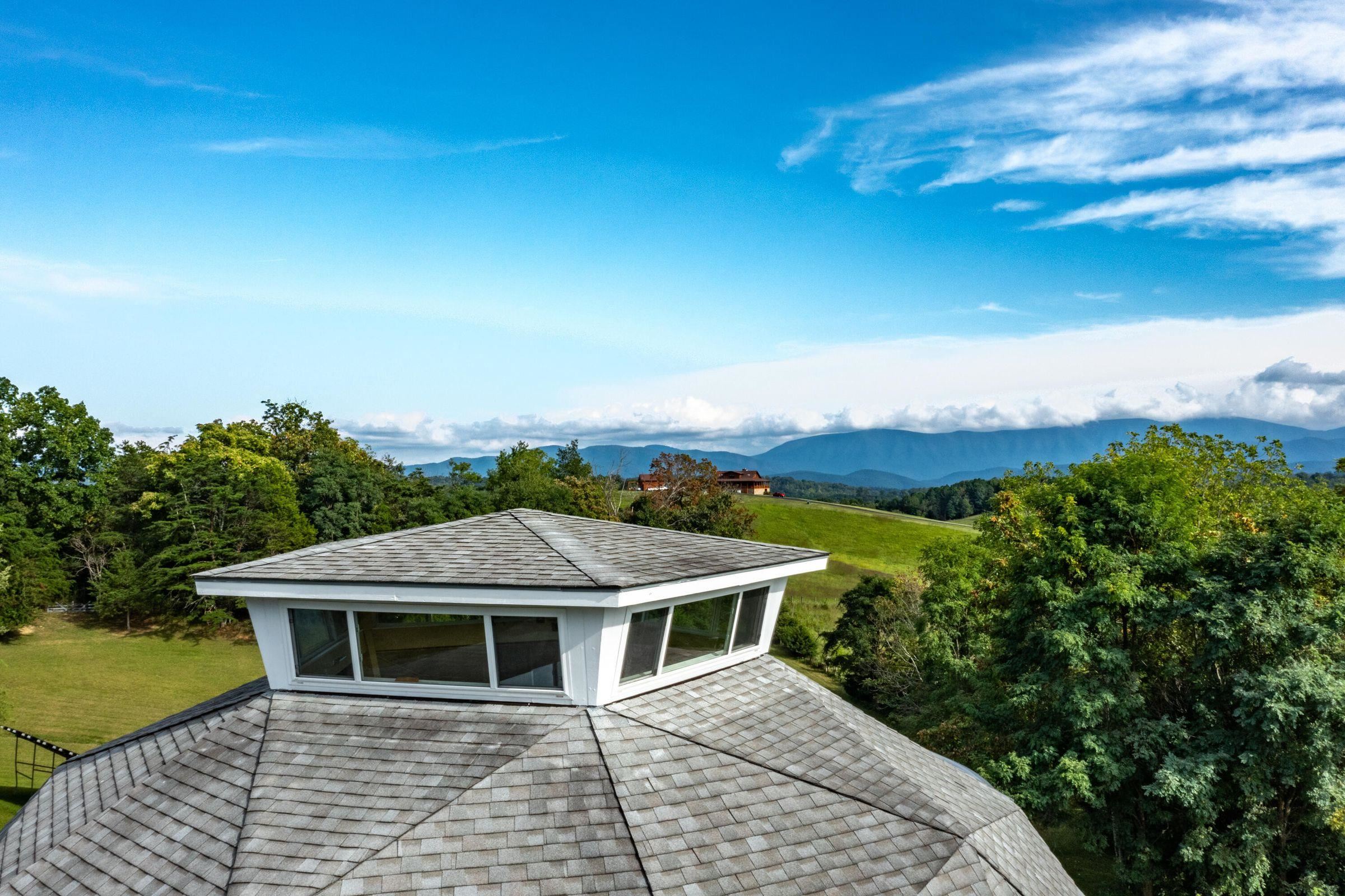 Drone shot of the cupola exterior with Blue Ridge Mtn views to the east.