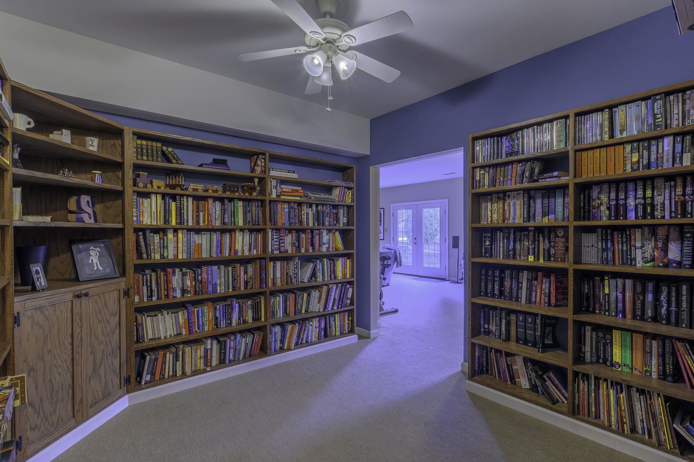 Basement features built-in book shelves. Basement features built-in book shelves.