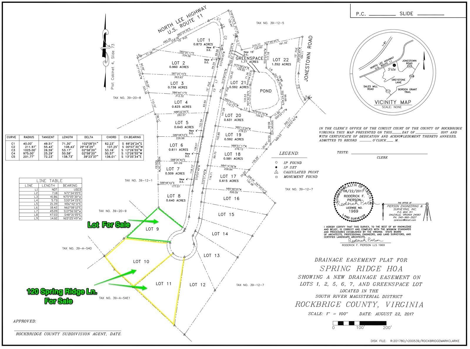 Survey of the Spring Ridge subdivision showing Lot 9 and 120 Spring Ridge Ln.