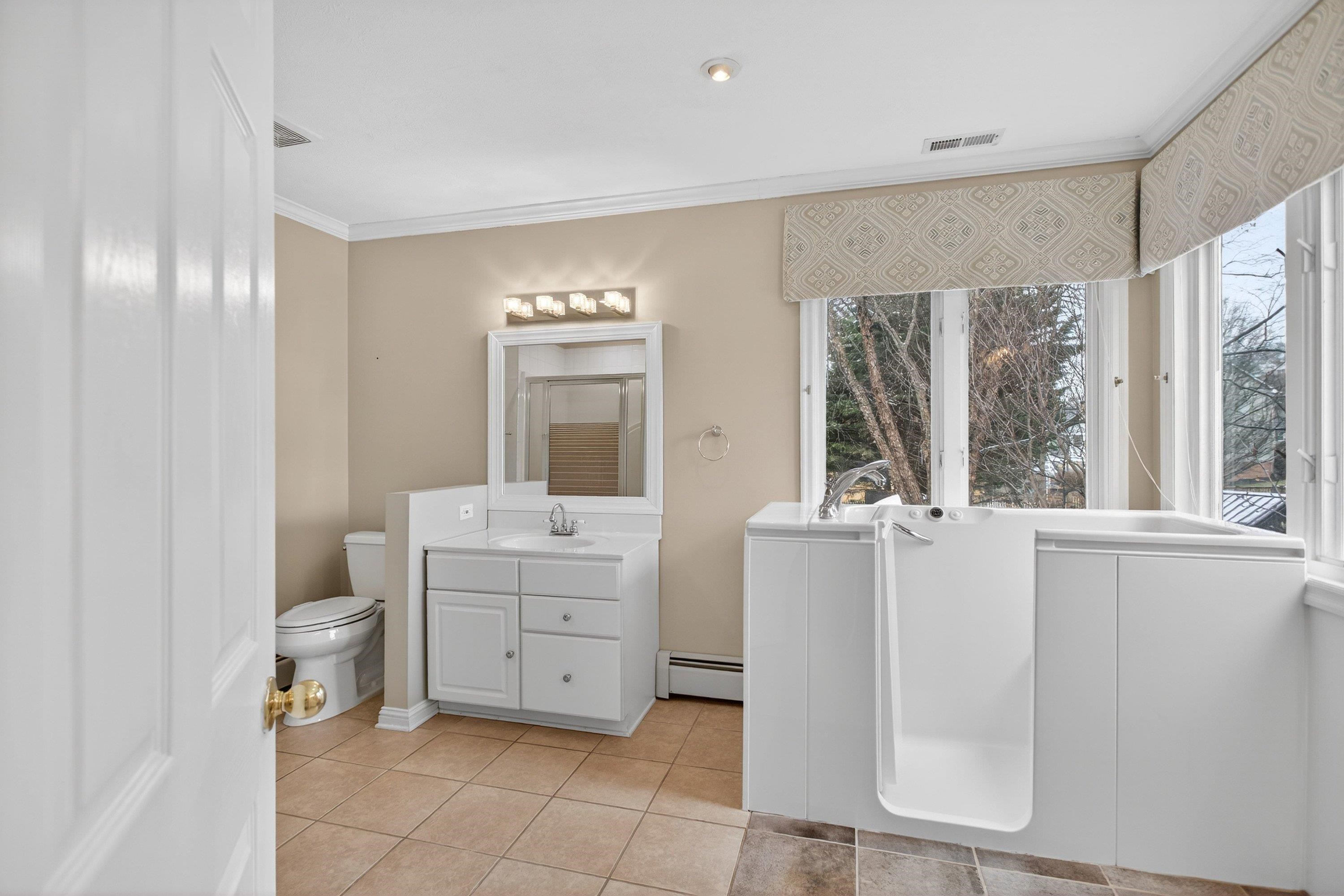 The primary bathroom offers a step-in accessible bathtub, stand-up shower space, tile flooring, and dual vanities.