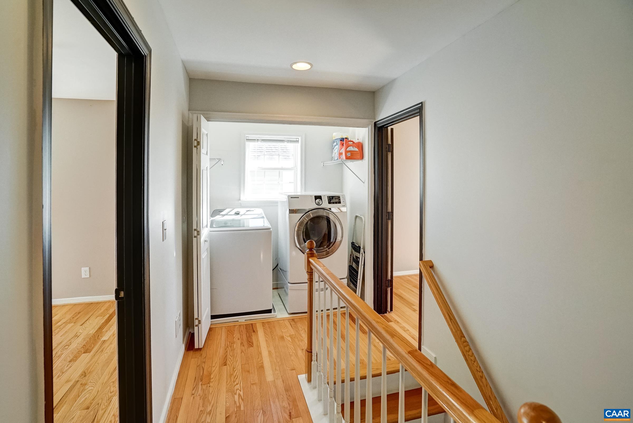Second floor with hardwood floors in hallway and three bedrooms. Second floor with hardwood floors in hallway and three bedrooms.
