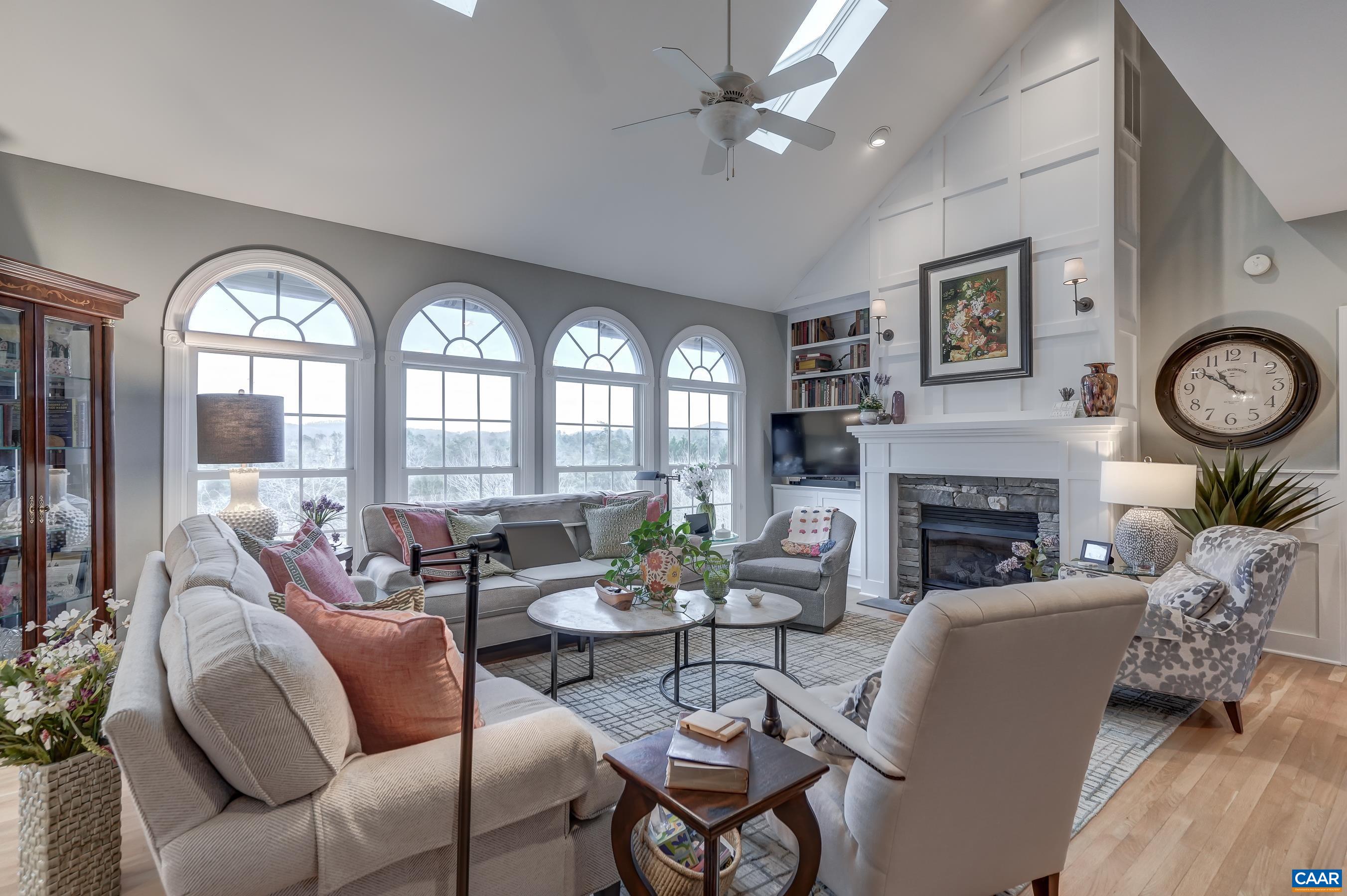 Vaulted great room with skylights. Vaulted great room with skylights.