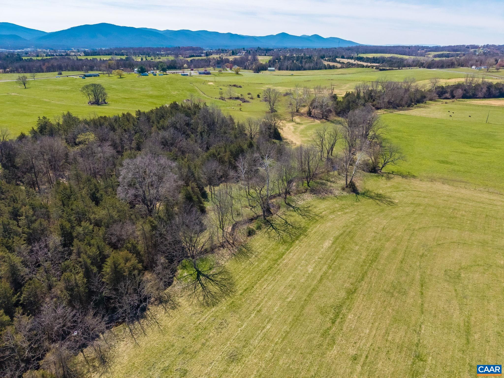 View of the rear hay pasture, with the Snag Run creek winding through the forest.