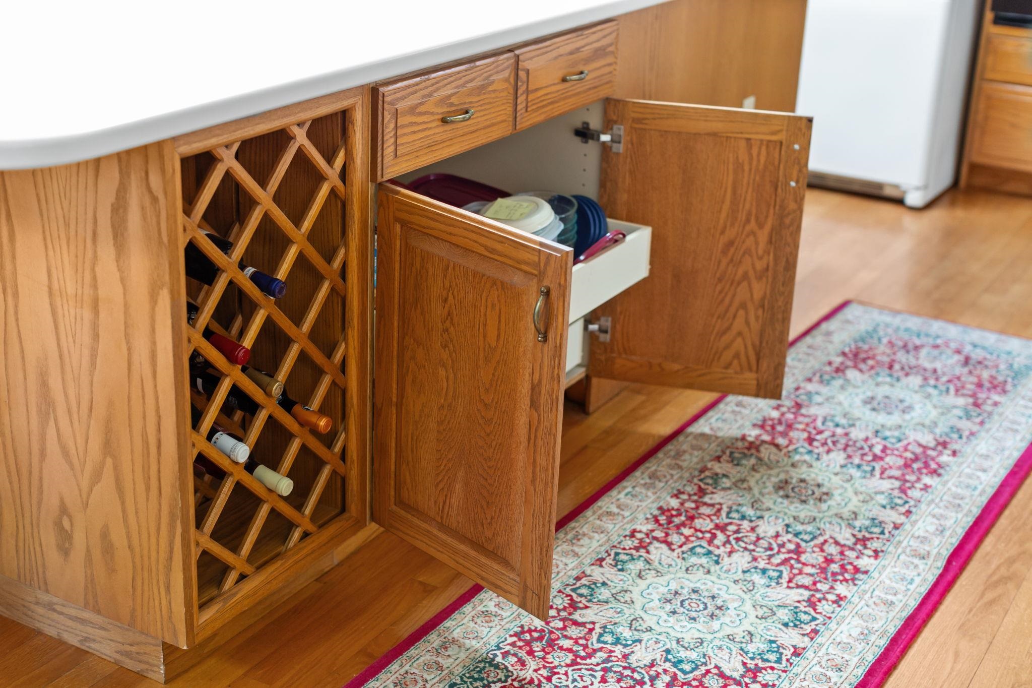 with pull out drawers and wine rack.