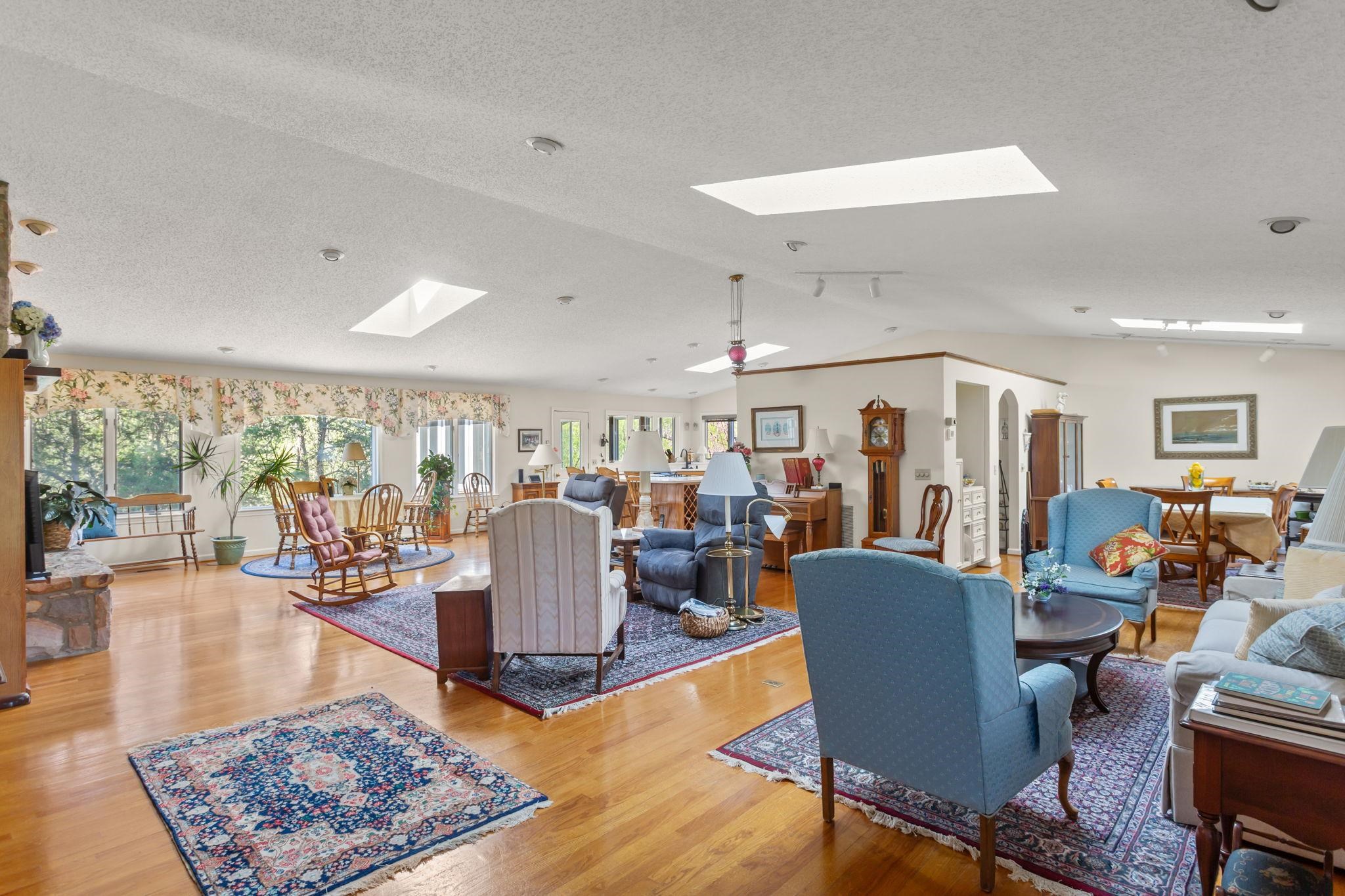 with vaulted ceiling and skylights.