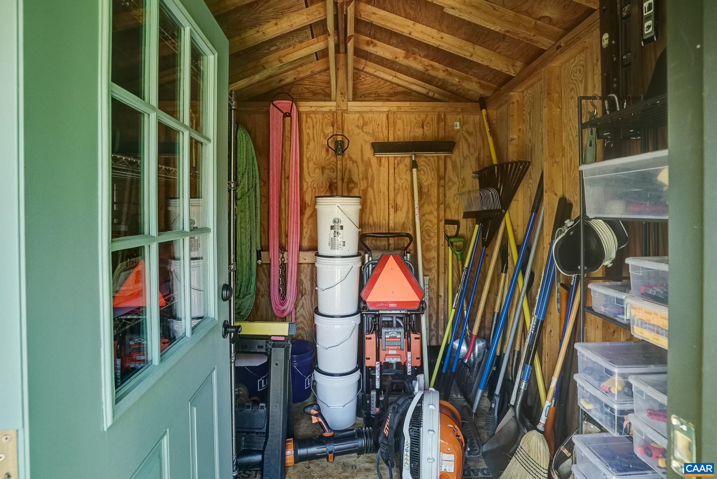 Storage shed for outdoor tools and equipment.
