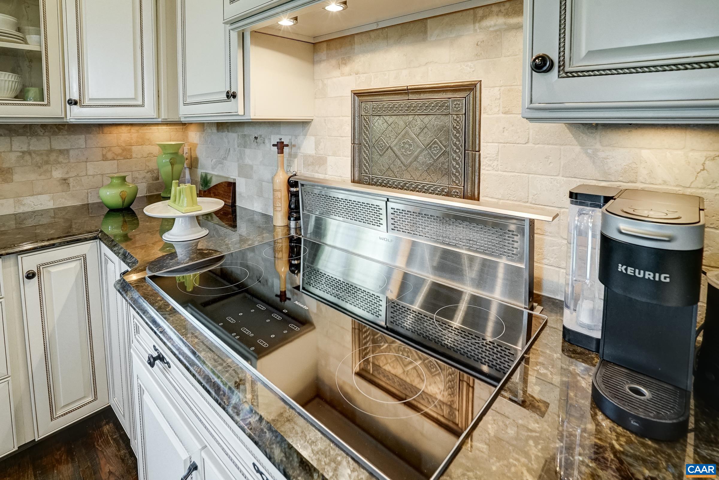 Tile backsplash with stunning inset and Wolf downdraft.
