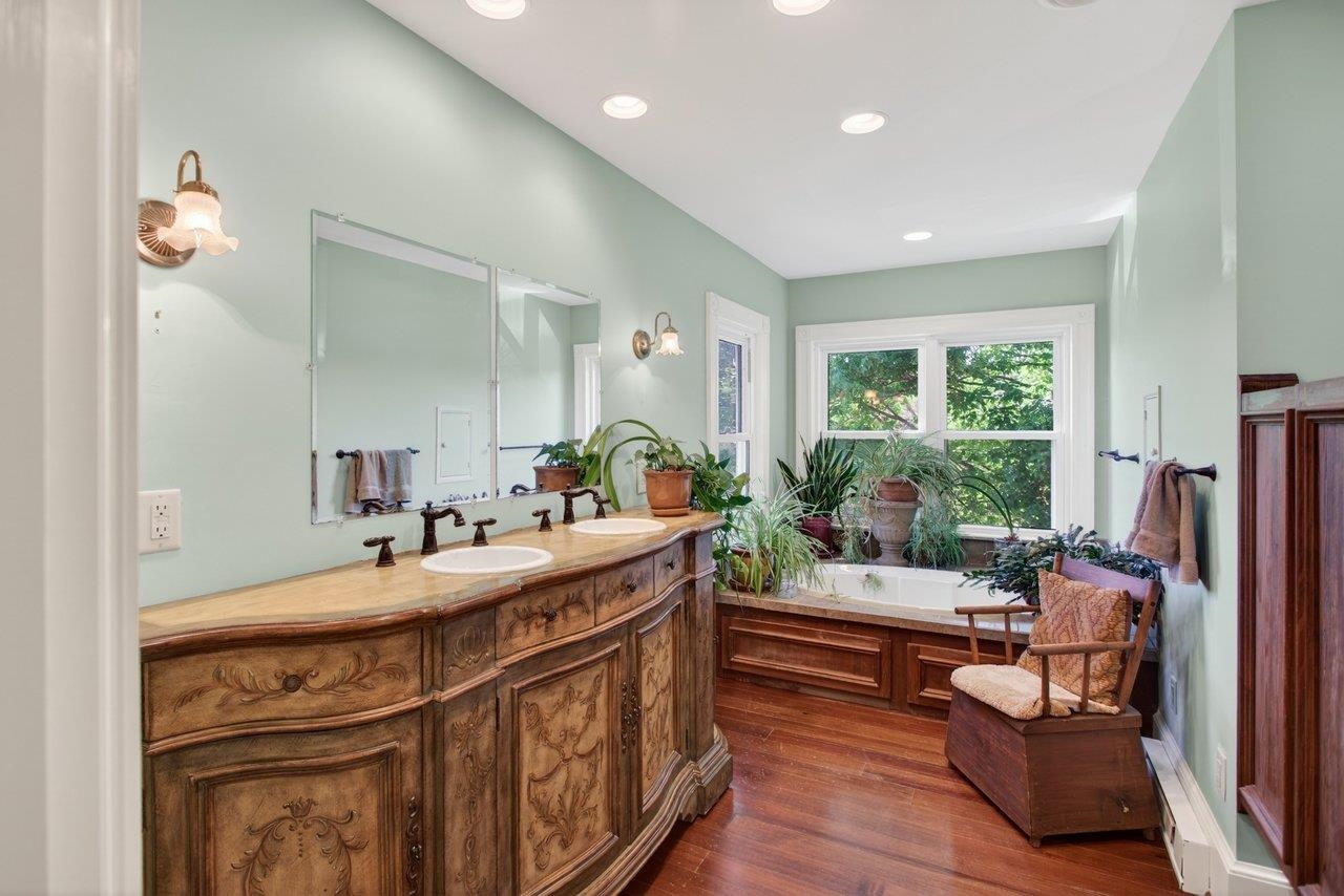 This large bathroom has double sink vanity!