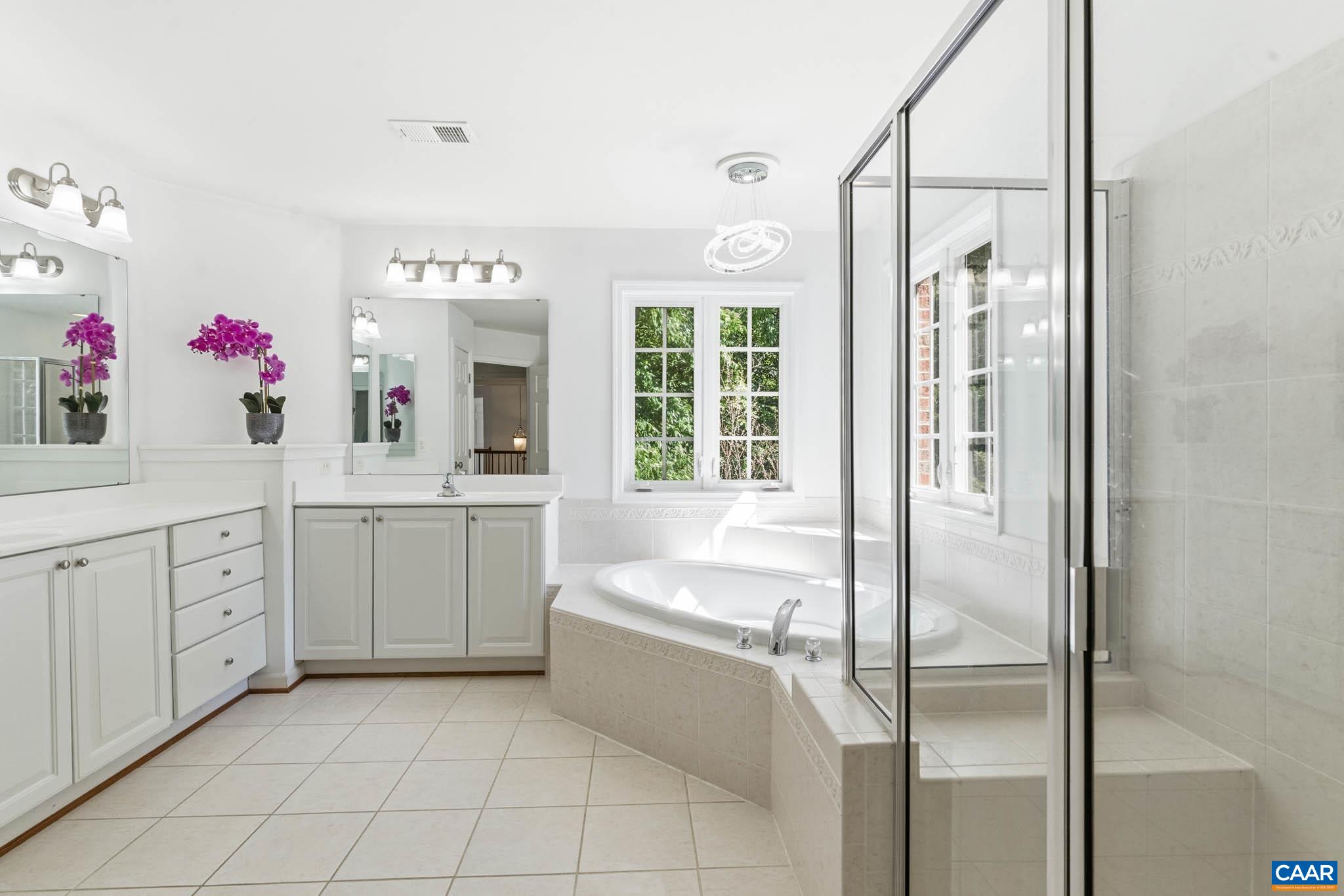 Dual vanity, soaking tub, shower, and natural light.