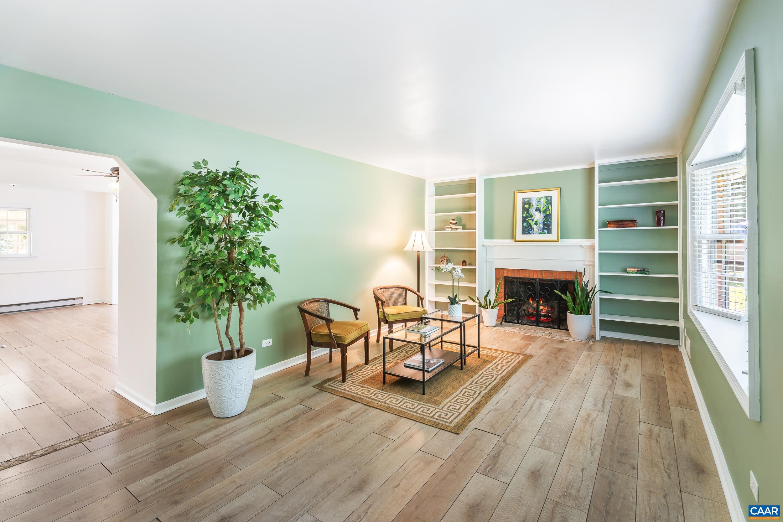 with built-in bookshelves and fireplace