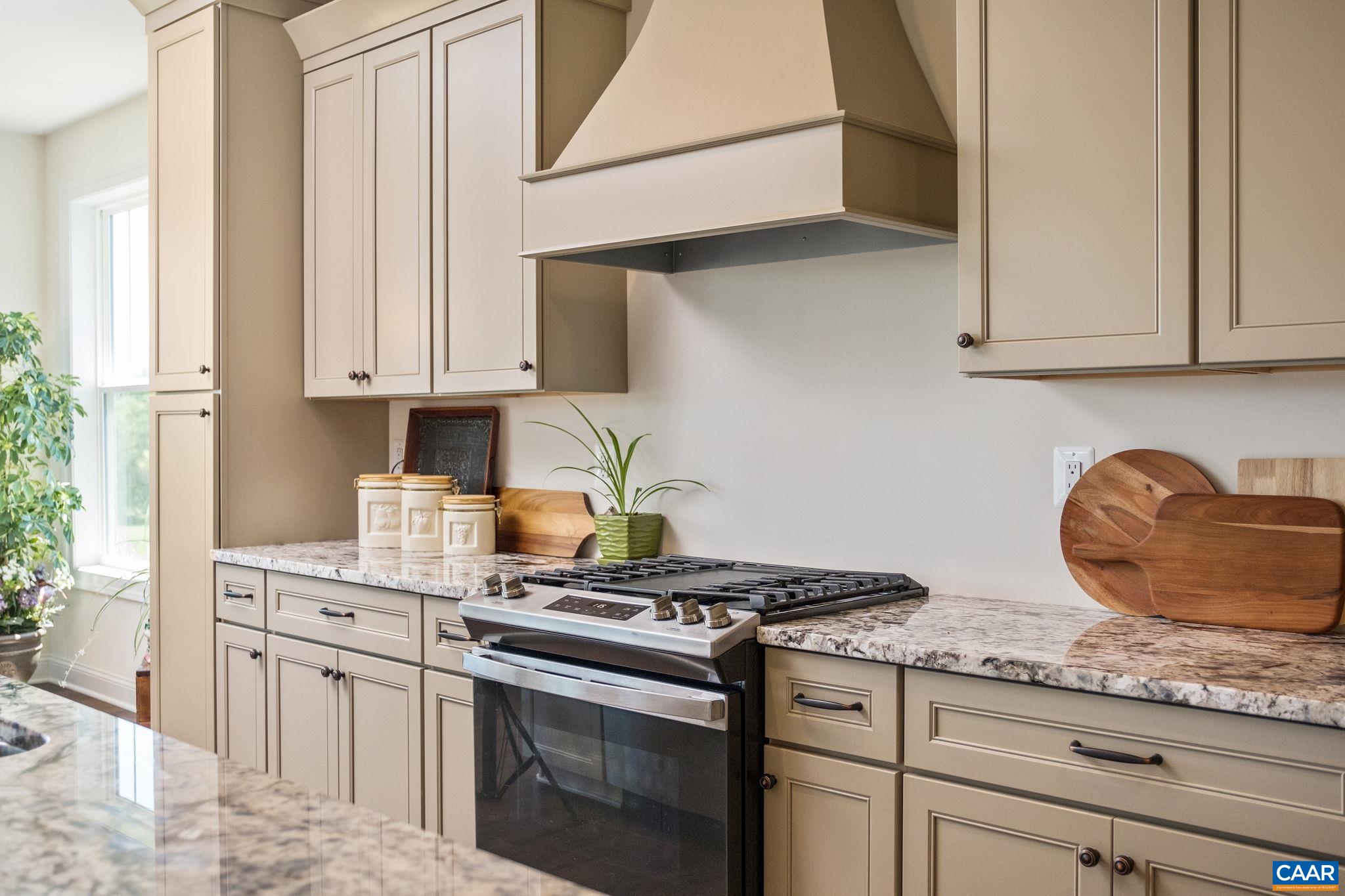 In view is the gas range with oven hood. In view is the gas range with oven hood.