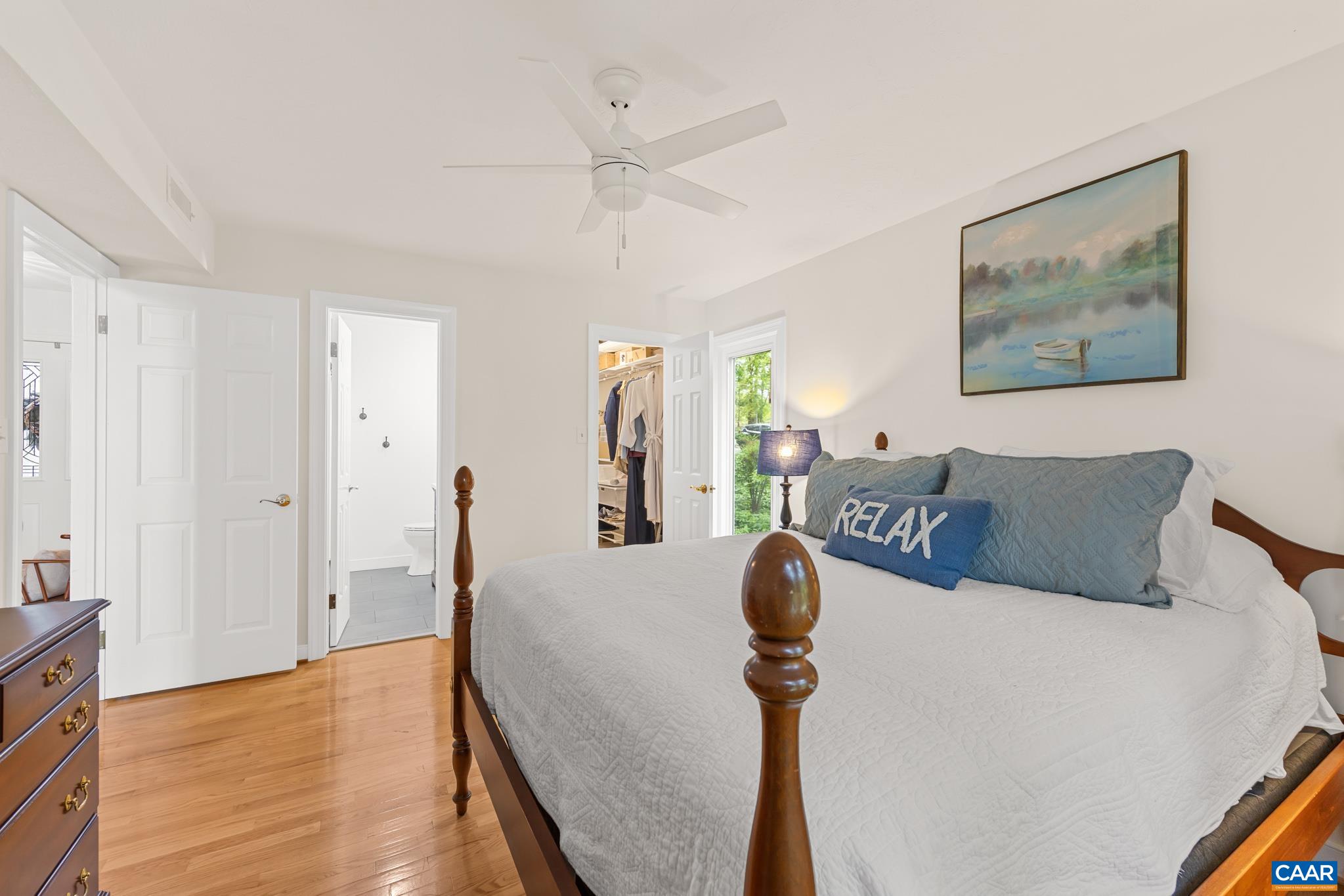 Inviting 1st floor Primary Suite with serene water views and room for a king size bed. Inviting 1st floor Primary Suite with serene water views and room for a king size bed.