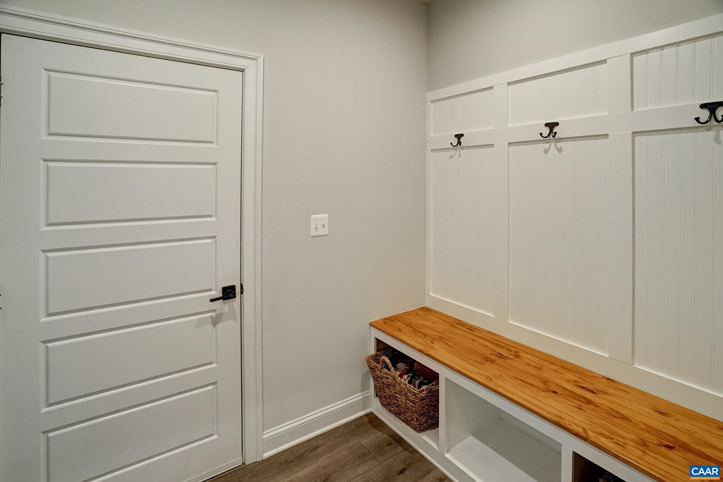 Custom built-in benches and storage cubbies.