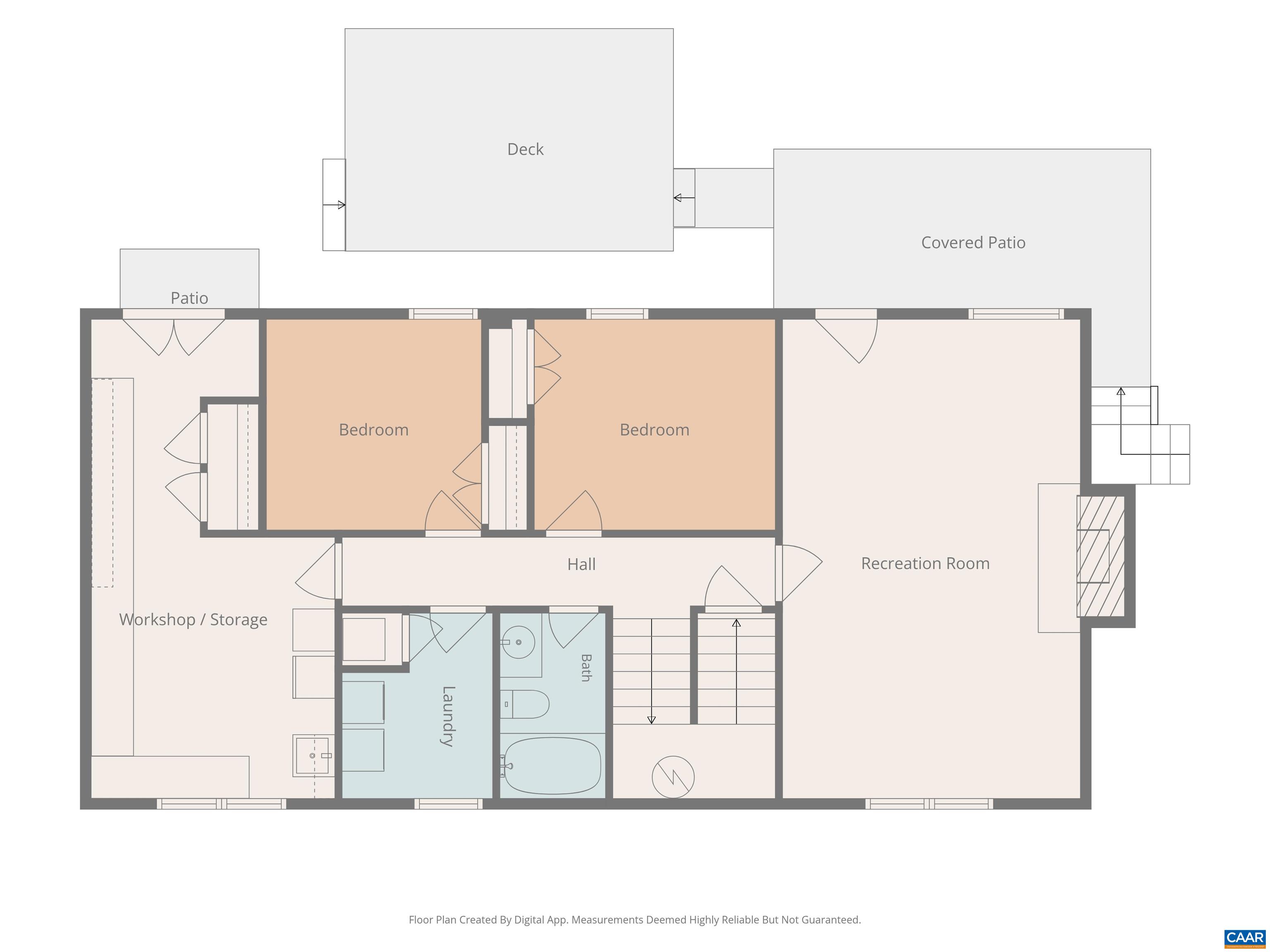 Thoughtfully designed floor plan featuring a spacious recreation room, dedicated workshop/storage area, laundry room, and bedrooms! Plus, seamless outdoor access to a covered patio, deck, and secondary patio for effortless entertaining!