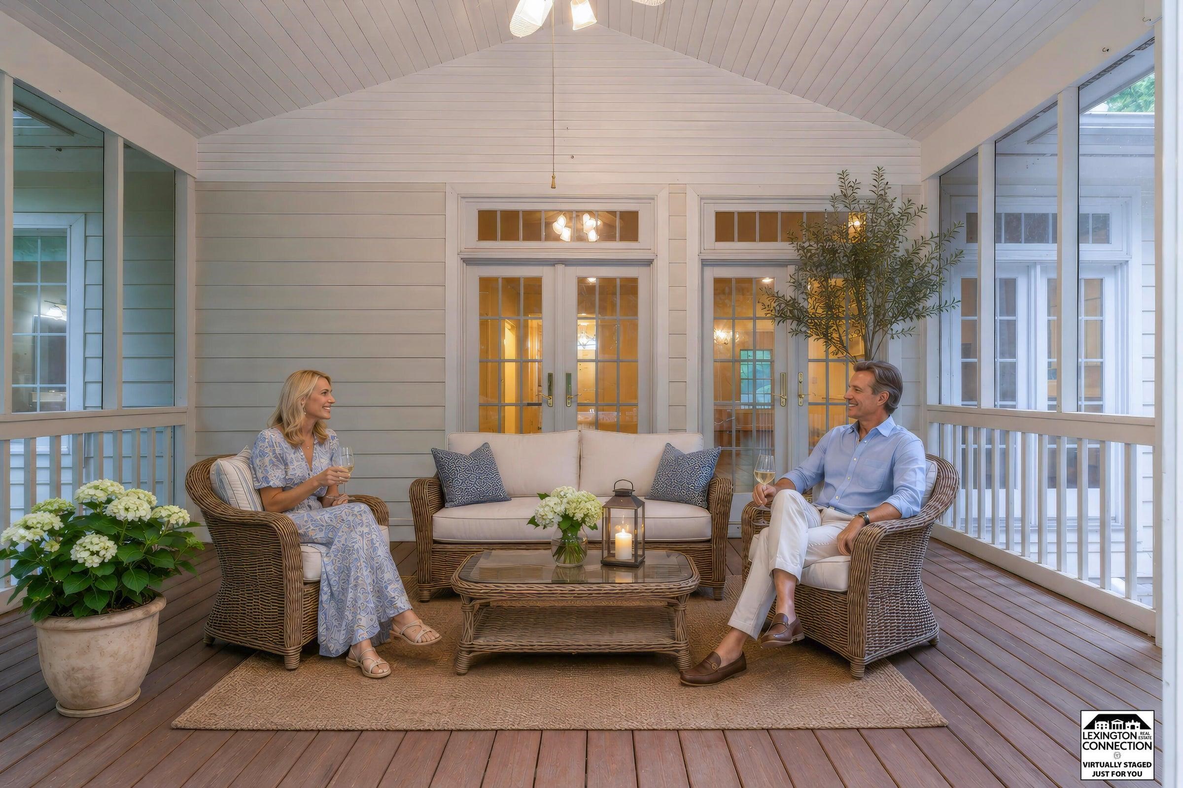 Relax on your screened porch with a drink and good conversation. Relax on your screened porch with a drink and good conversation.