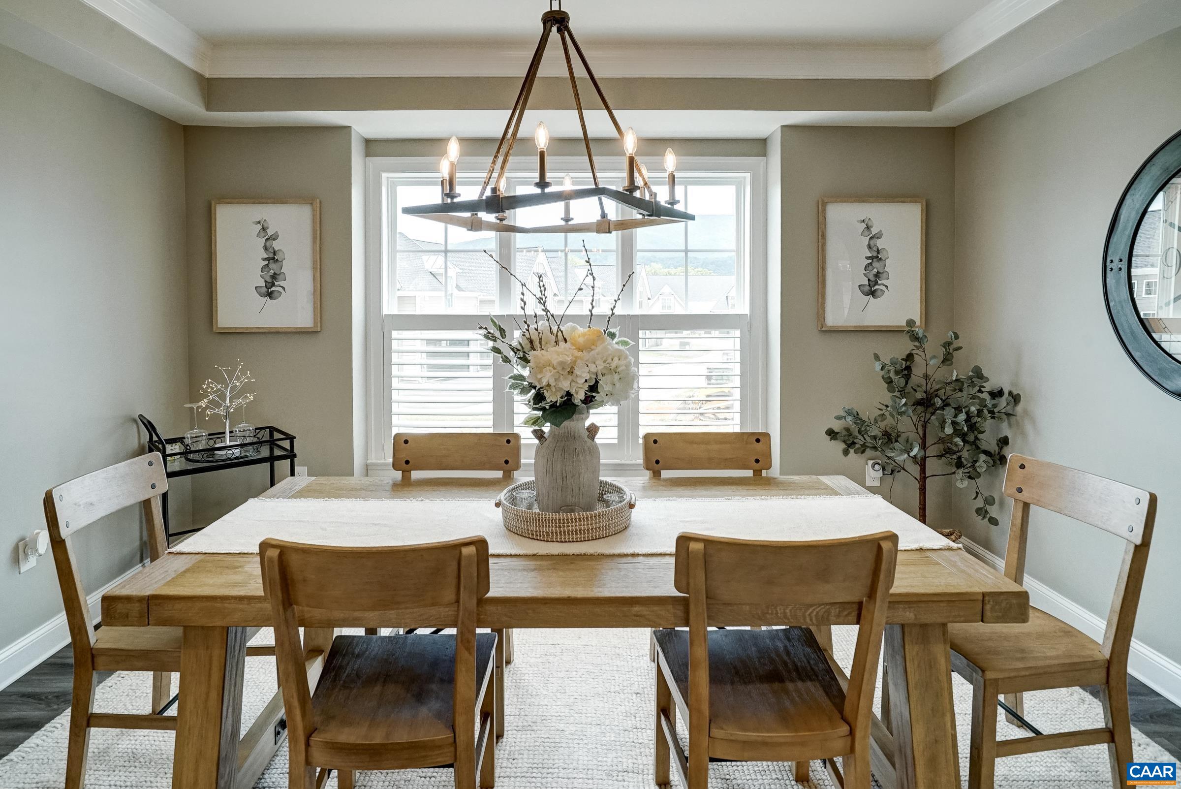 Dining room with tray ceiling and famhouse light.