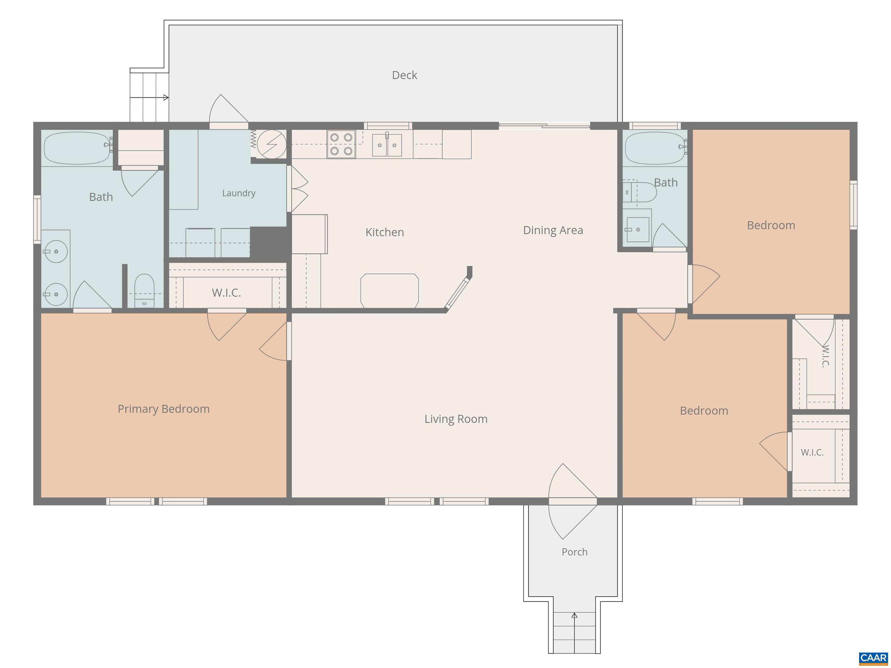 Thoughtfully designed single-story floor plan featuring a spacious open living, dining, and kitchen area! Highlights include a private primary suite with walk-in closet, two additional bedrooms, main-floor laundry, a welcoming porch, and a rear deck.