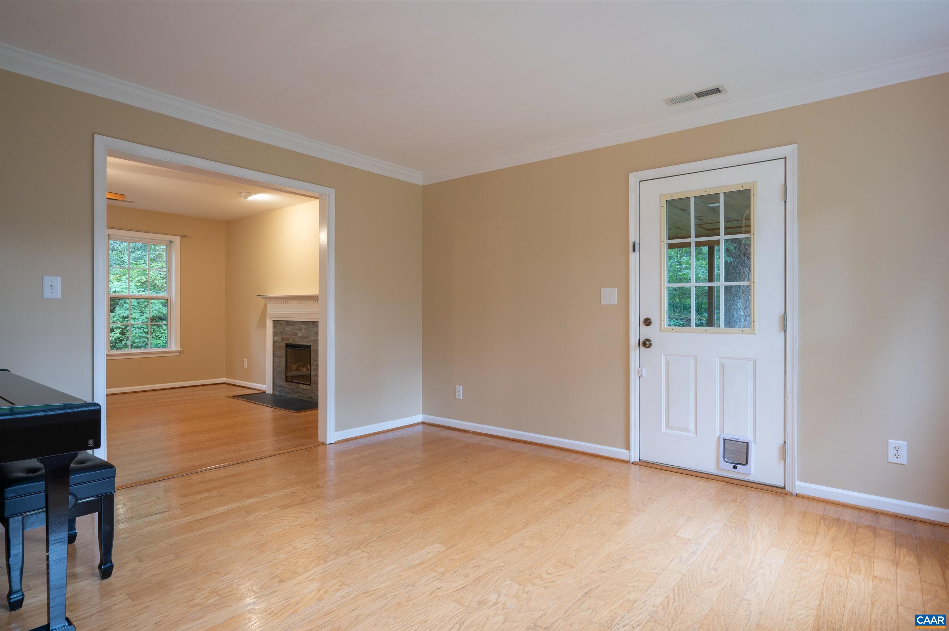 The living room flows into the family room.