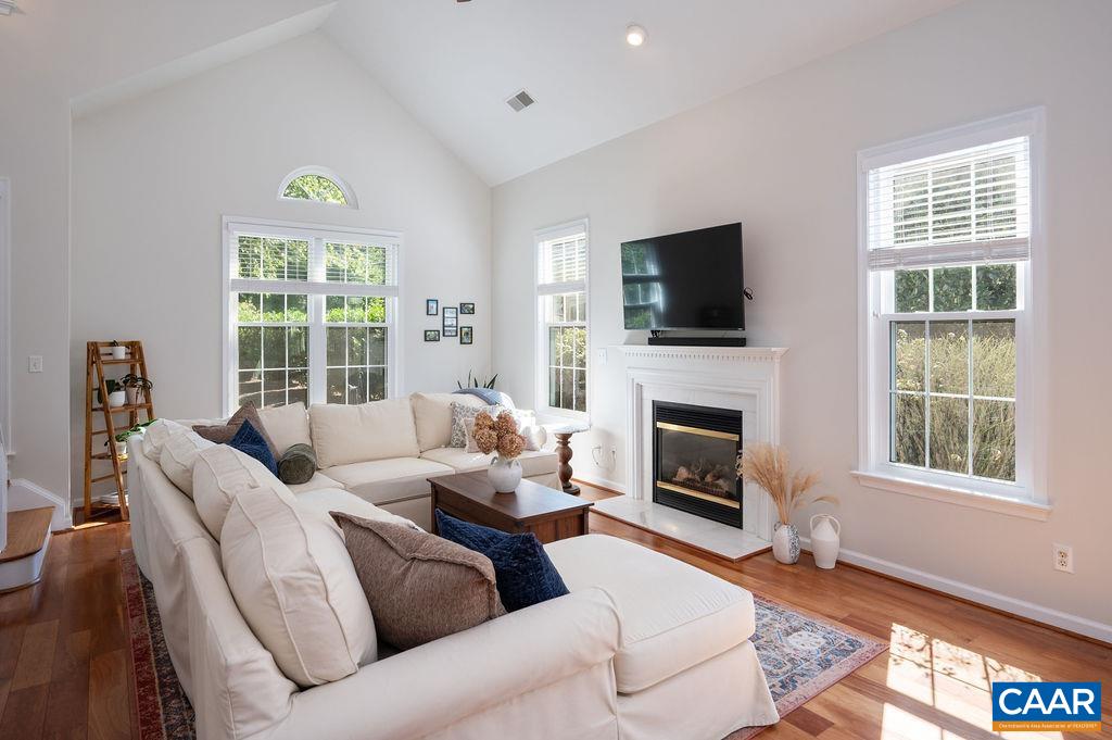The gas fireplace was recently updated with a new surround and hearth