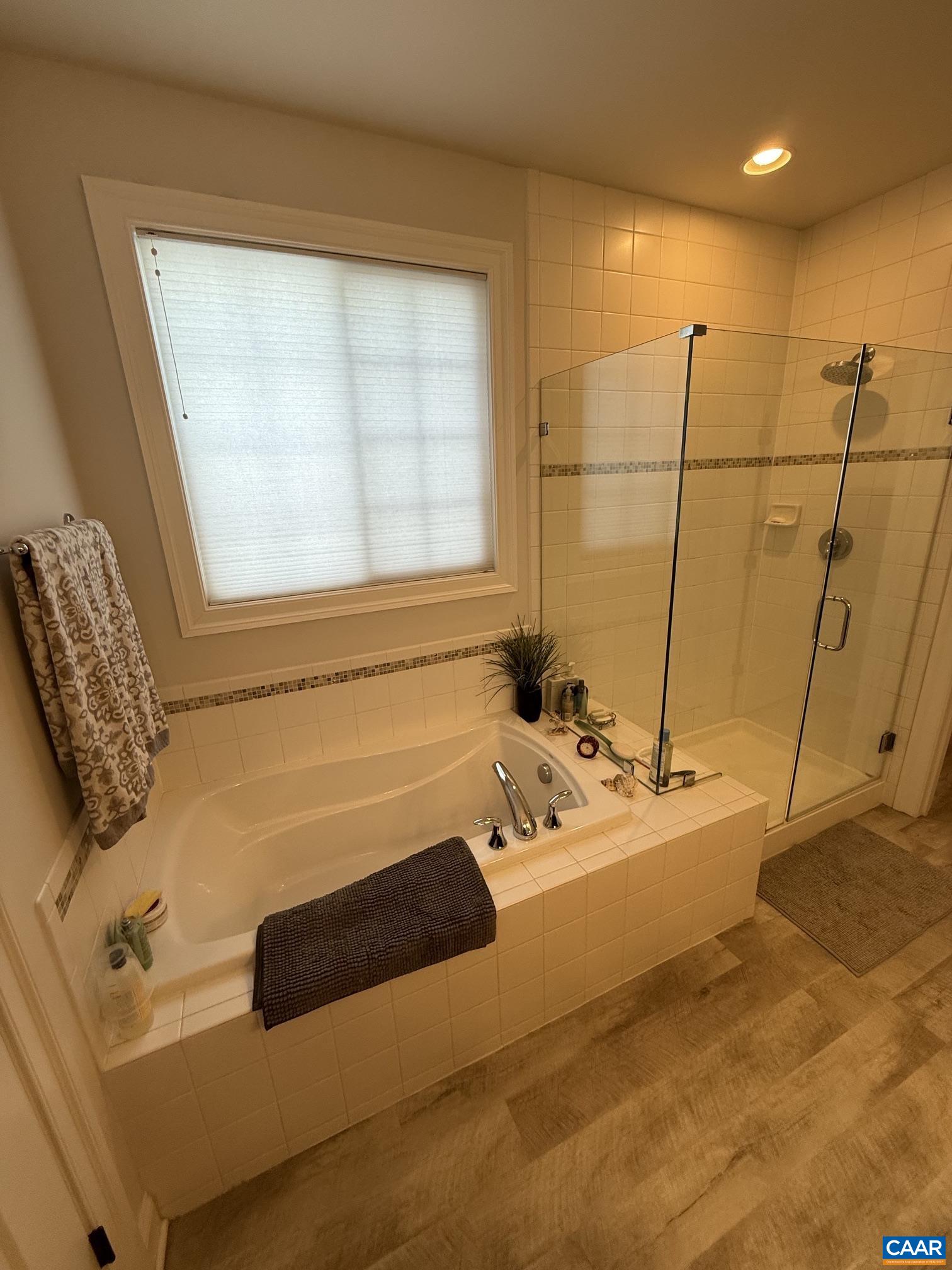 Soaking tub and walk-in shower. Soaking tub and walk-in shower.