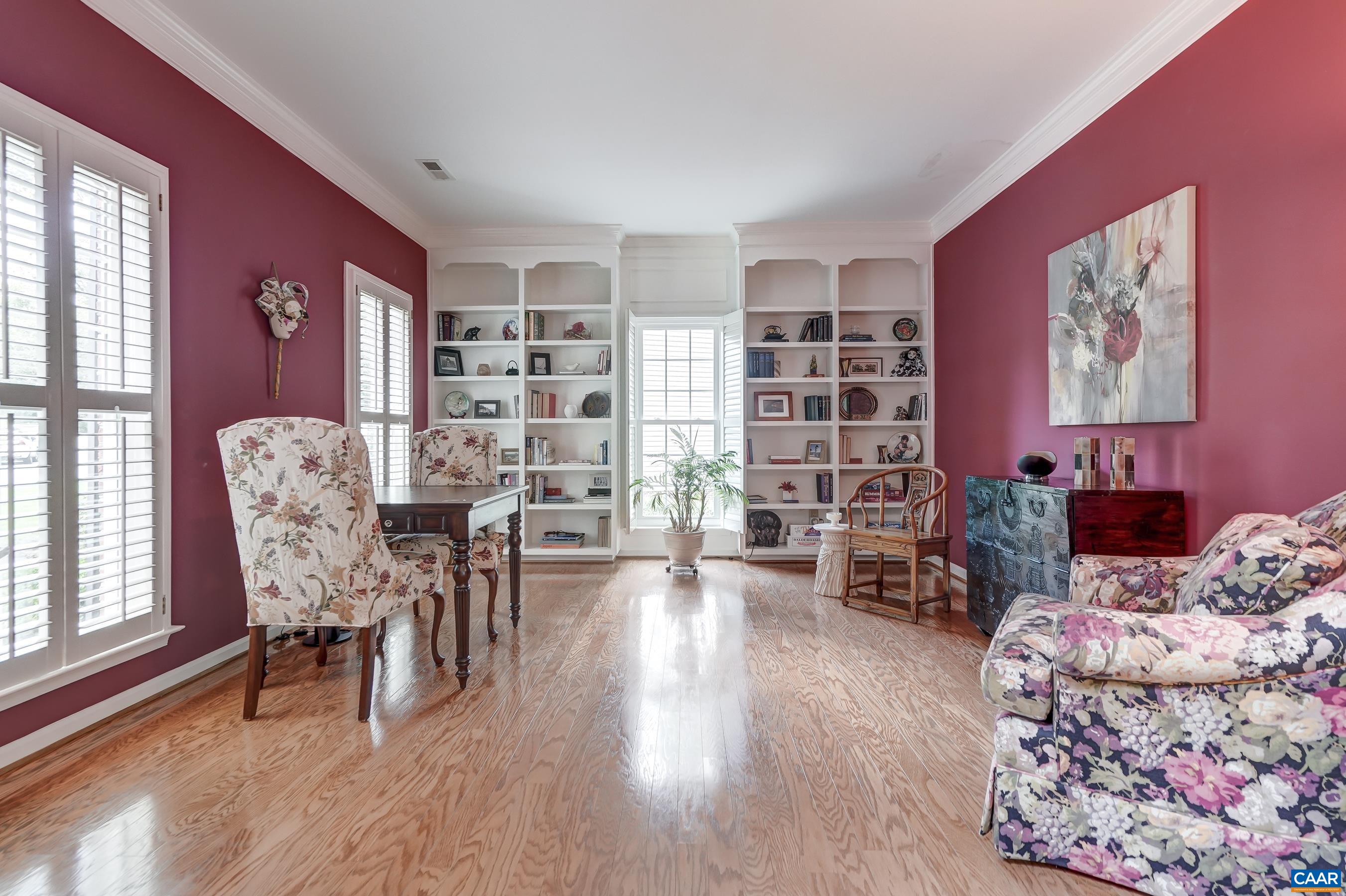 White shutters throughout the home provide stylish privacy and light control. White shutters throughout the home provide stylish privacy and light control.