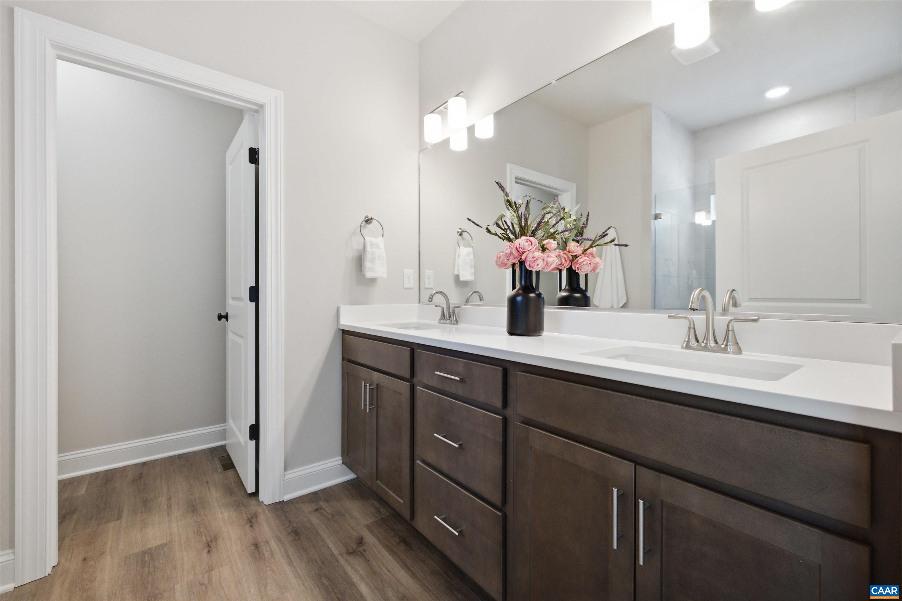 Quartz counters, view to private water closet.  Photo of for-sale home, staged.