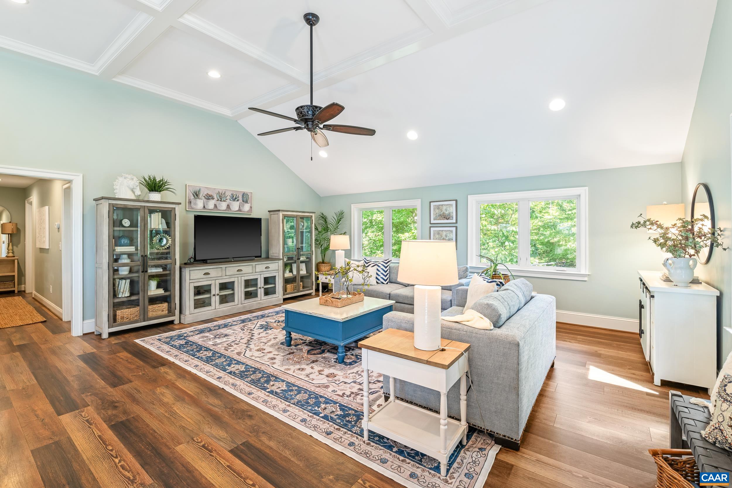 Coffered ceiling, ceiling fan, recessed lighting and lots of natural light Coffered ceiling, ceiling fan, recessed lighting and lots of natural light