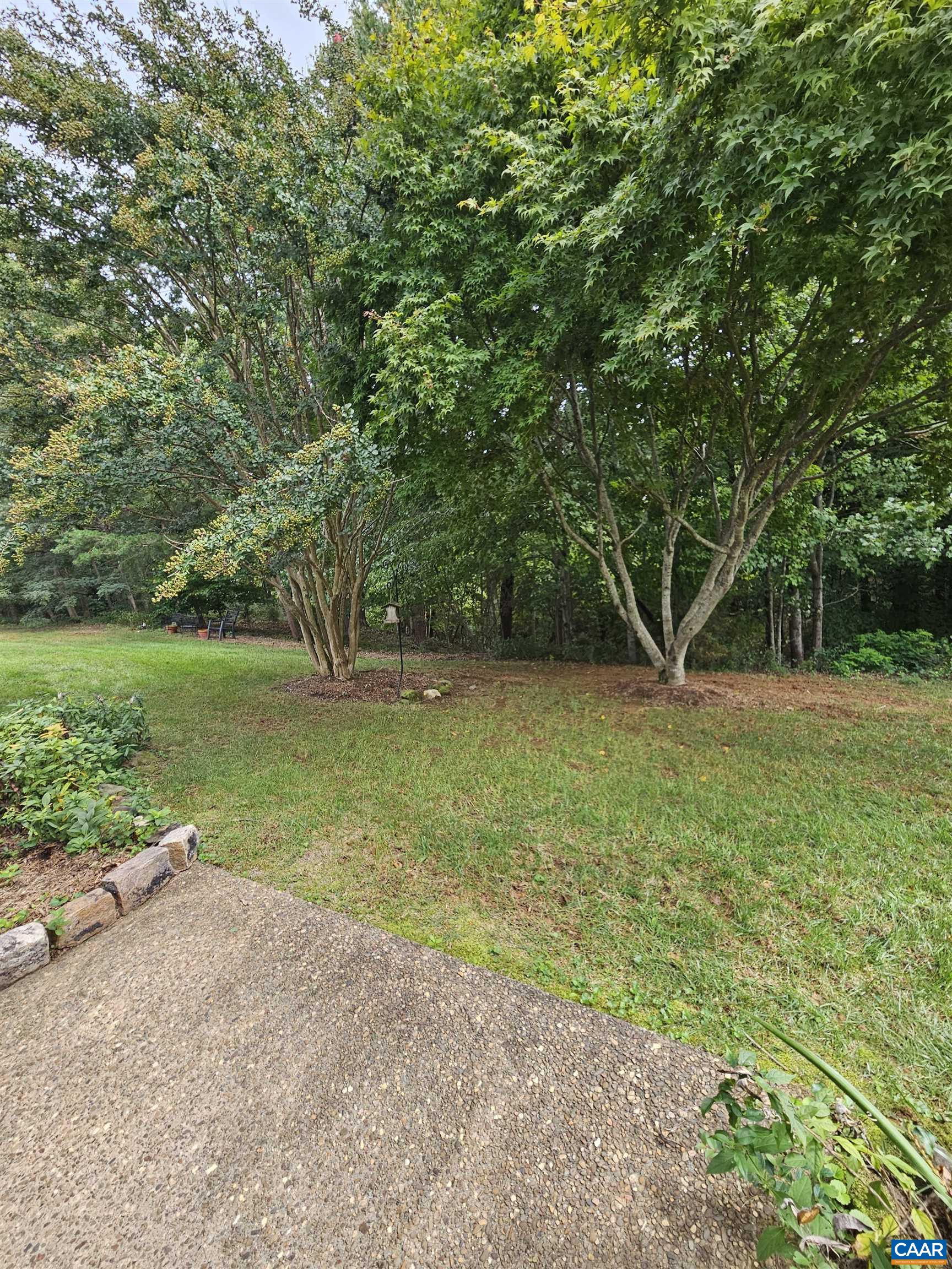 The backyard features Crepe Myrtle and Japanese Maple trees looking into the wooded area beyond. The backyard features Crepe Myrtle and Japanese Maple trees looking into the wooded area beyond.