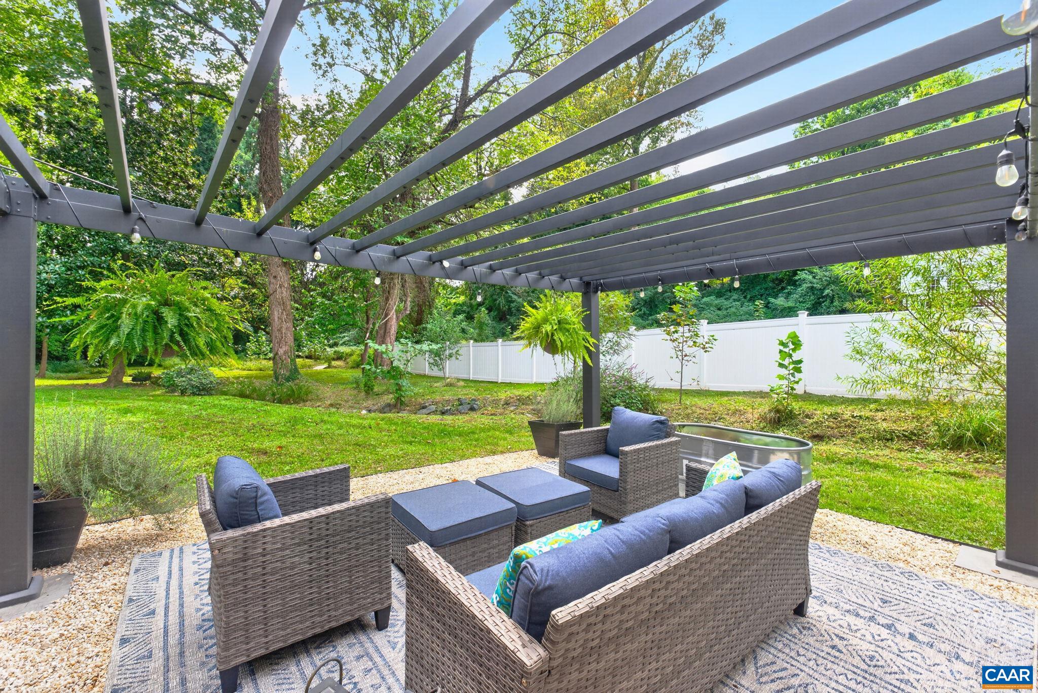From the basement, step onto the gravel patio. From the basement, step onto the gravel patio.
