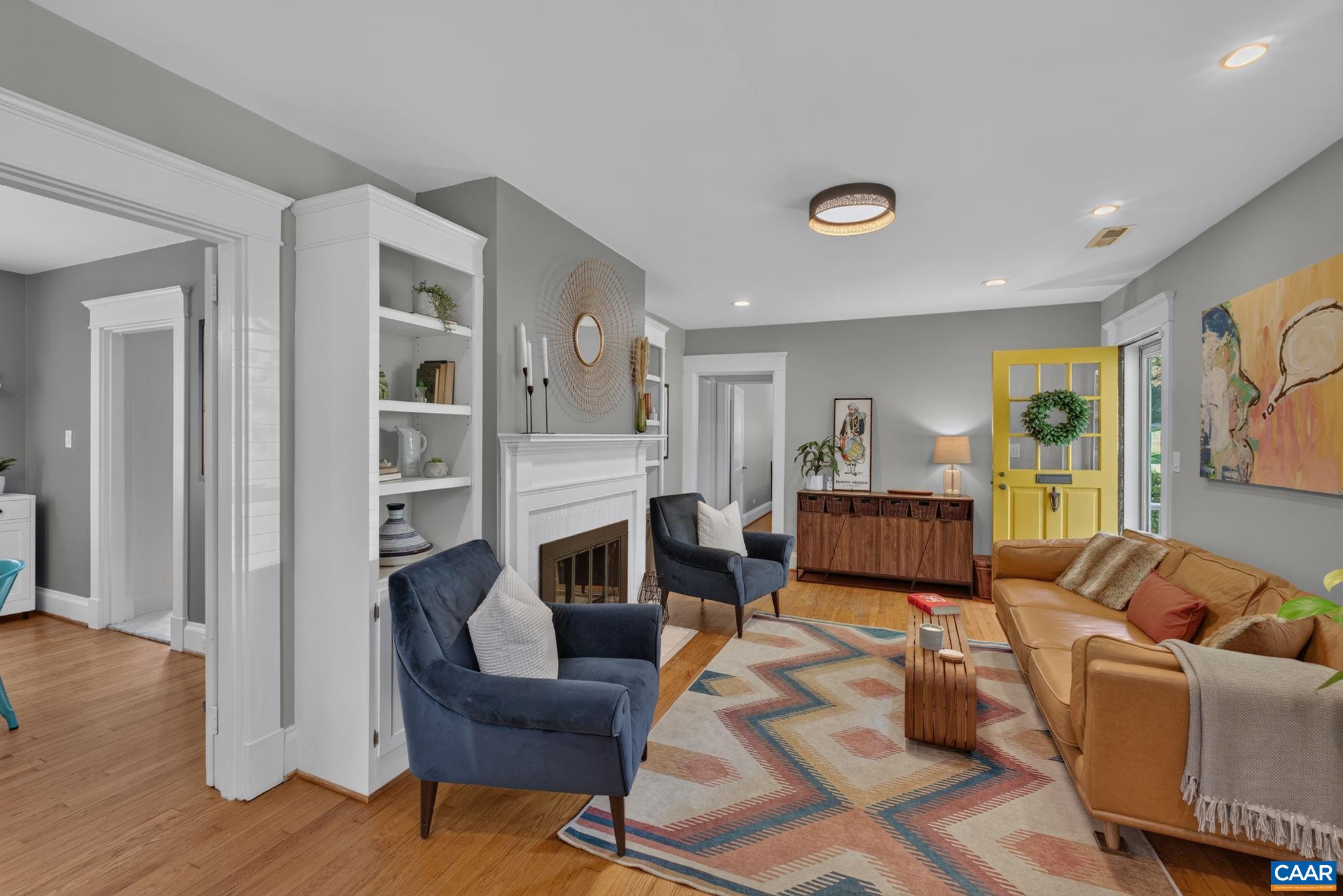 From the living room, step through French doors into the dining room. From the living room, step through French doors into the dining room.