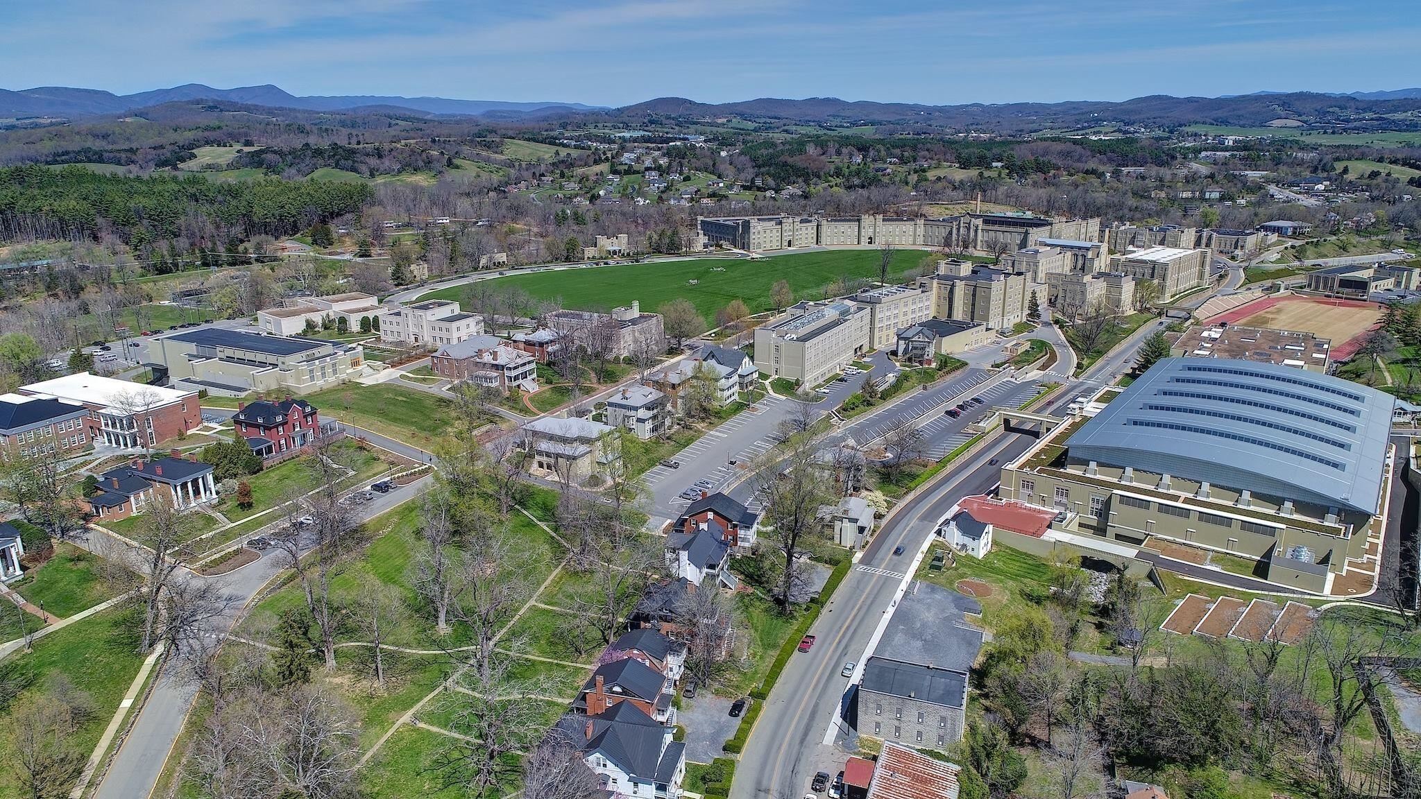 The Virginia Military Institute. The green parcel is the parade grounds. The Virginia Military Institute. The green parcel is the parade grounds.