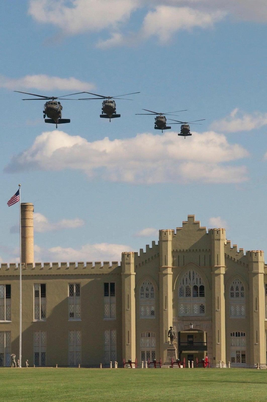 Helicopters landing at the parade grounds at VMI. Helicopters landing at the parade grounds at VMI.