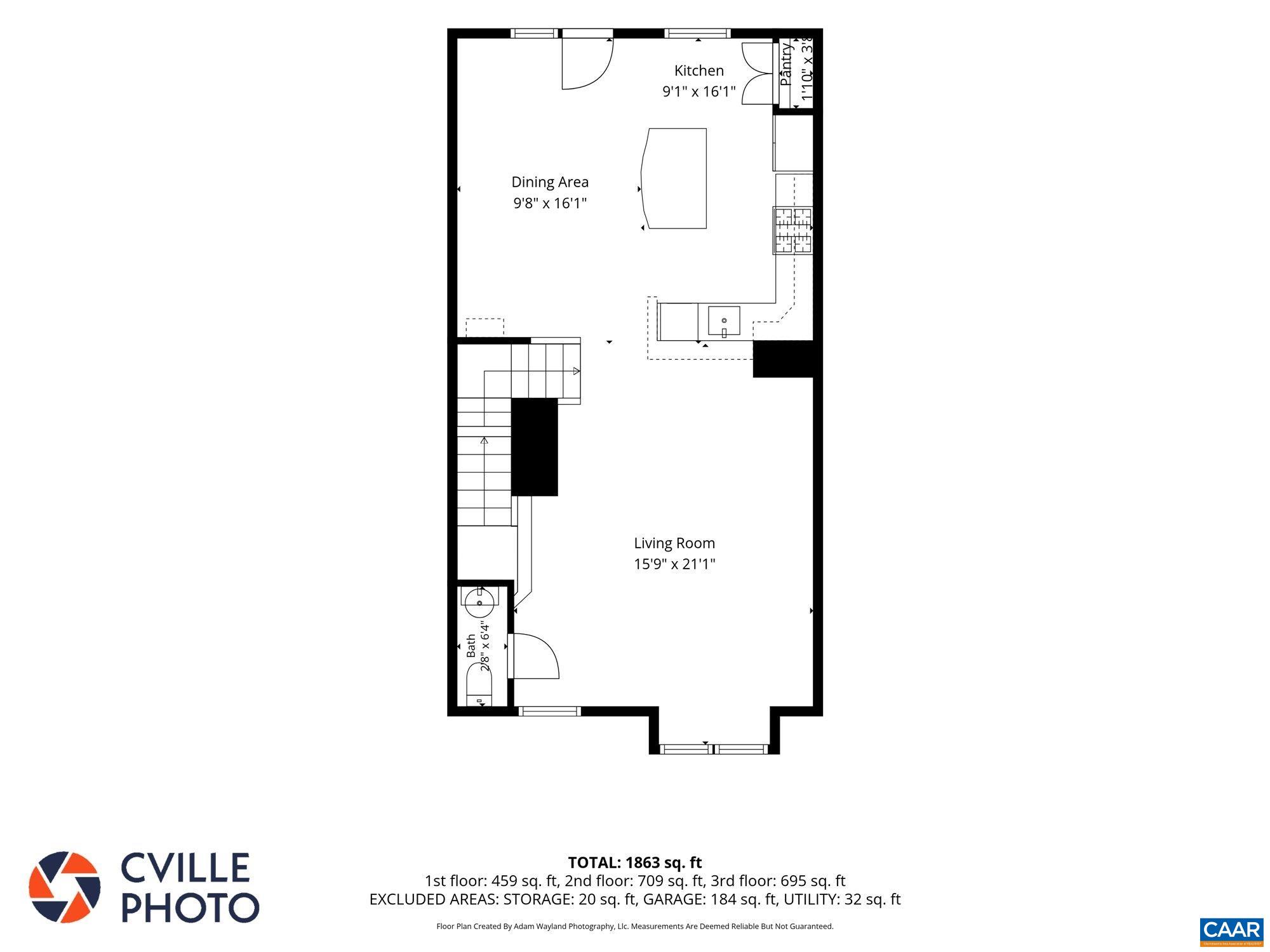 Main floor: kitchen, kitchen island, breakfast bar, dining area, living area, half bath