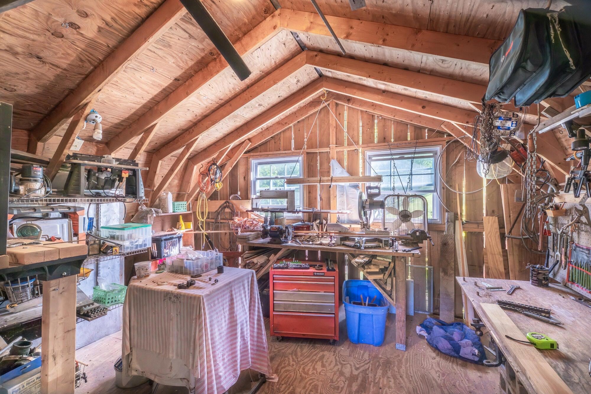 2nd view of upstairs of barn. Currently used as a workshop space. 2nd view of upstairs of barn. Currently used as a workshop space.